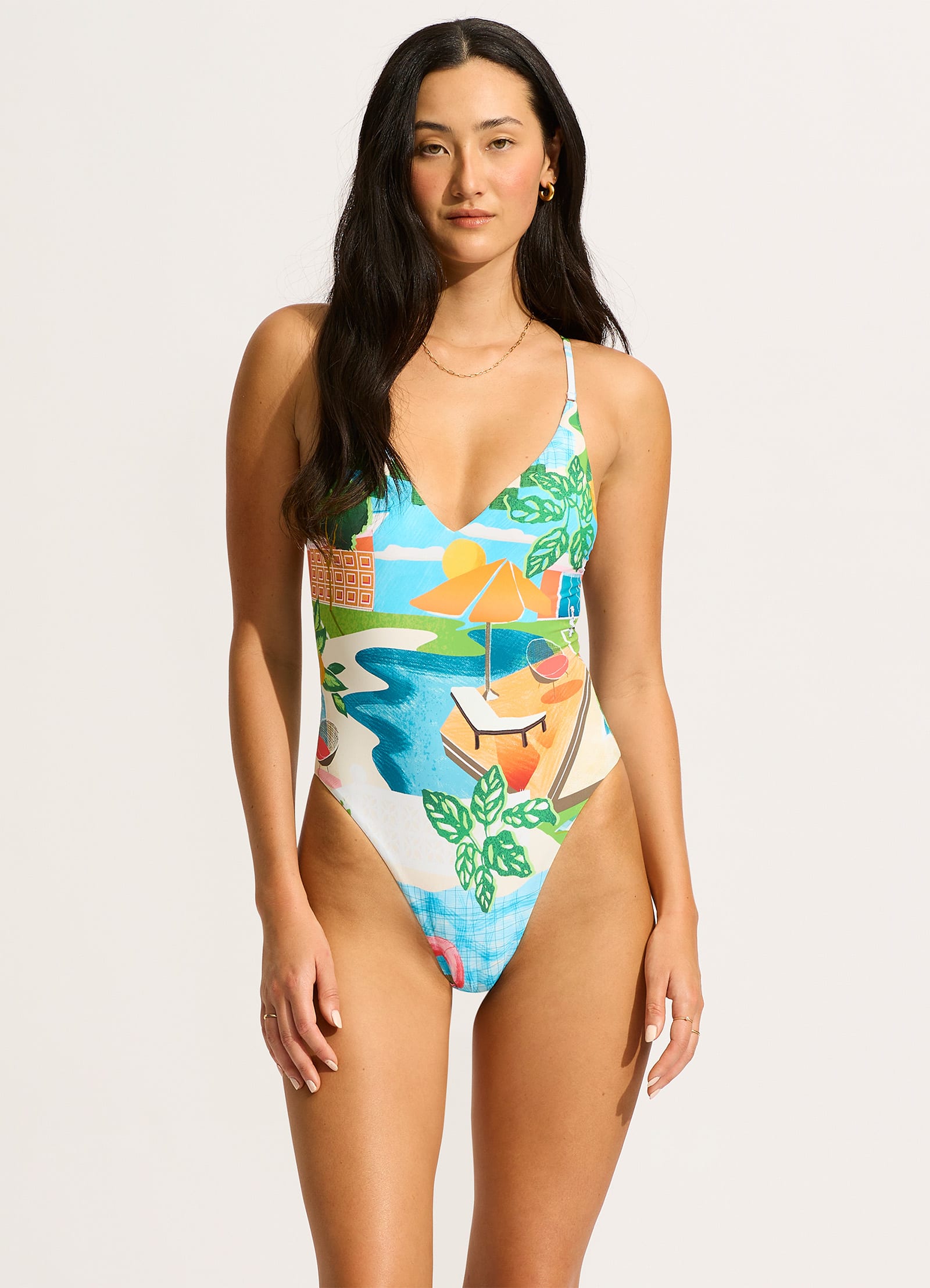 Turquoise Sunset V Neck One Piece Swimsuit for Women - Flattering Swimwear for Beach, Pool & Vacation