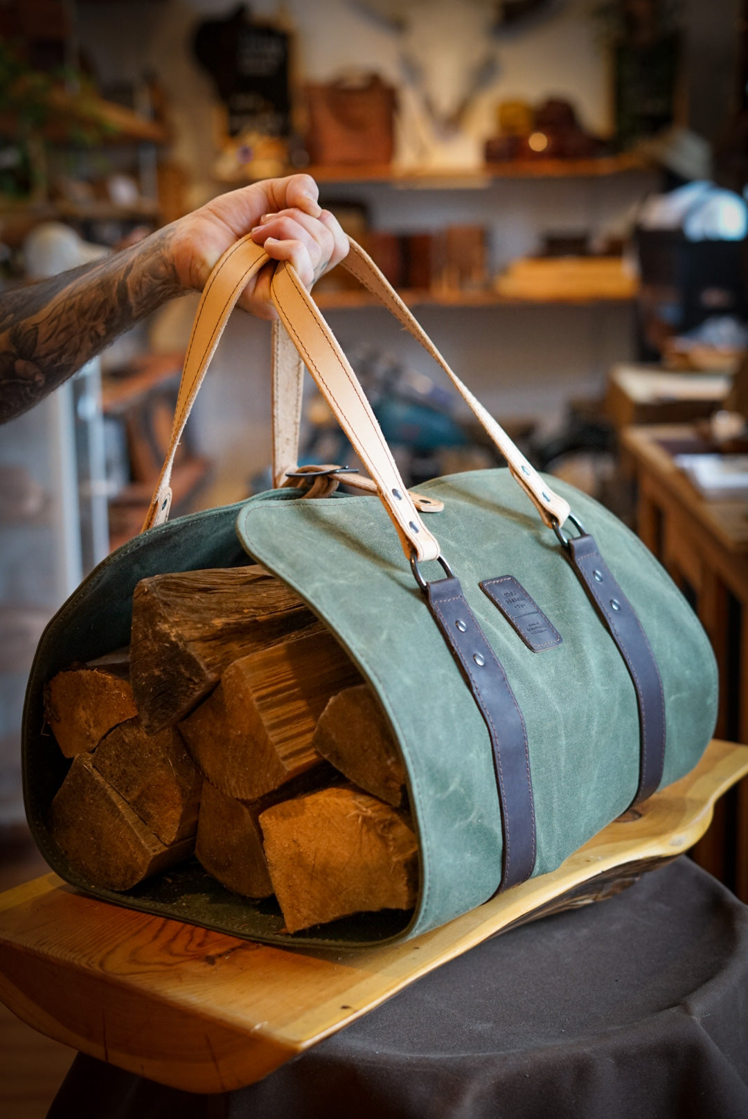 Premium Waxed Canvas Log Carrier with Leather Accents - Heavy Duty Firewood Holder for Camping, Fireplace & Outdoor Adventures