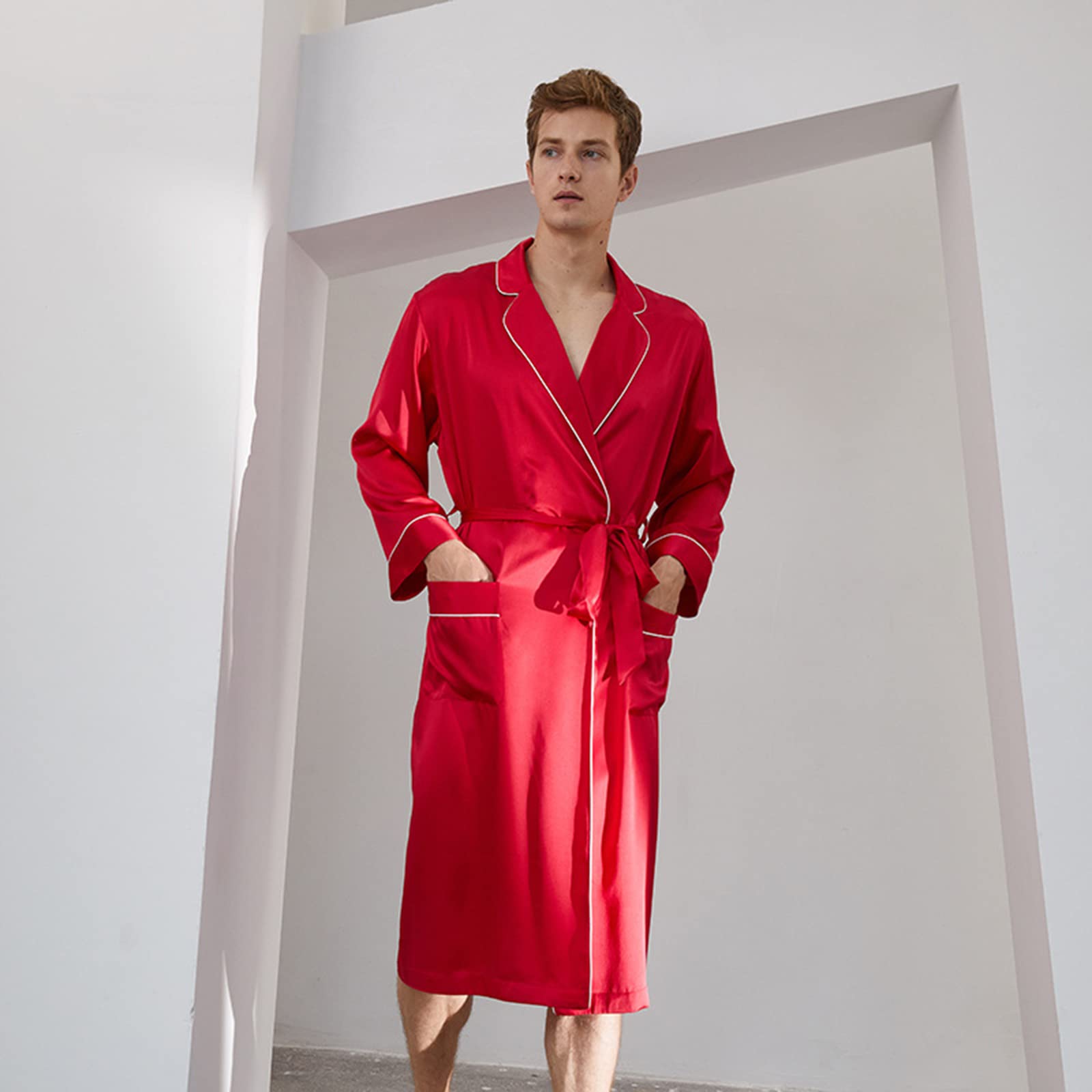 Premium Men's Silk Dressing Gown - Luxurious Satin Robe with Long Sleeves for Sleepwear & Loungewear (Red, XL) | Perfect for Spa Days, Hotel Stays & Relaxing at Home