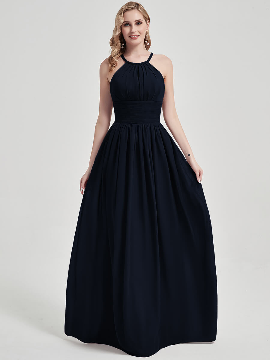 Elegant Dark Navy Pleated Halter Neck Sleeveless Maxi Chiffon Bridesmaid Dress for Wedding Party, Formal Events & Evening Occasions