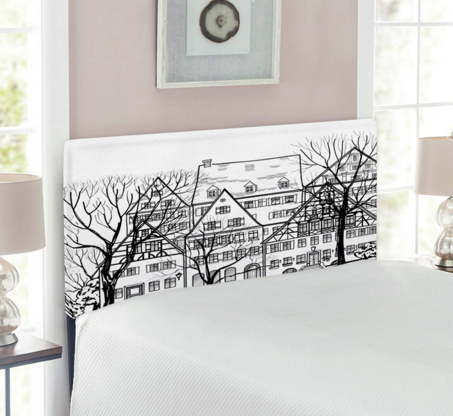 Ambesonne Cityscape Headboard - Autumn European Town Street Hand-Drawn Illustration, Upholstered Decorative Metal Bed Frame with Memory Foam, Twin Size Black & White - Perfect for Bedroom Decor & Guest Room Upgrade