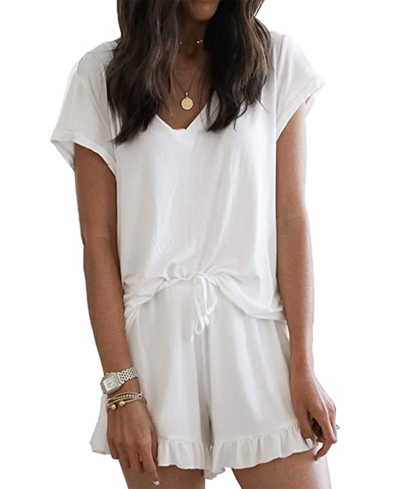 LuckyMore Women's Soft Short Sleeve V-Neck Pajama Set - Breathable Lounge Sleepwear with Comfortable Shorts for Nightwear, Relaxing at Home & Summer Vacation