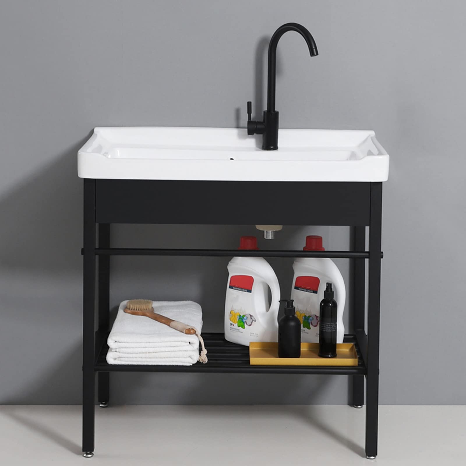 Freestanding Ceramic Laundry Sink with Faucet & Stainless Steel Legs - Rectangle Hand Washing Station for Kitchen, Utility Room, Garage & Laundry Room | Durable Home Sink for Washing Clothes, Cleaning Tools & Household Tasks