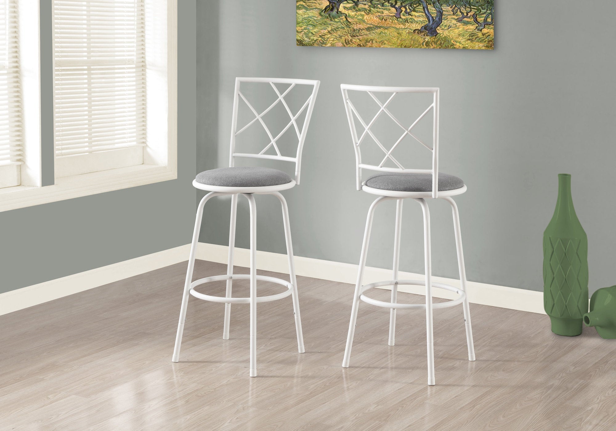 Premium Swivel Bar Stools Set of 2 - White & Grey Fabric Upholstered Counter Height Stools for Kitchen Island, Breakfast Nook & Home Bar Seating