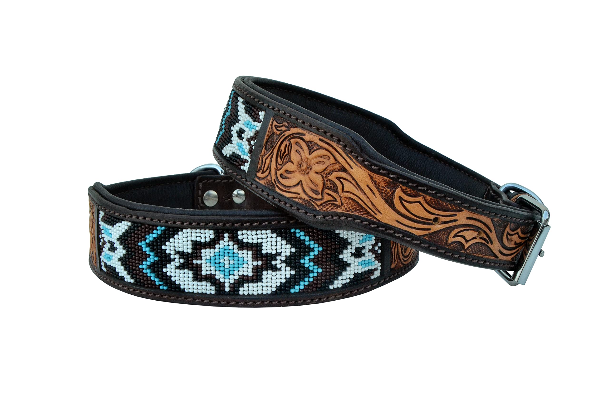 Hand-Tooled Western Style Leather Dog Collar - Heavy Duty Adjustable Beaded & Padded Soft for Puppies & Large Dogs (10AB015) - Perfect for Training, Walks & Outdoor Adventures