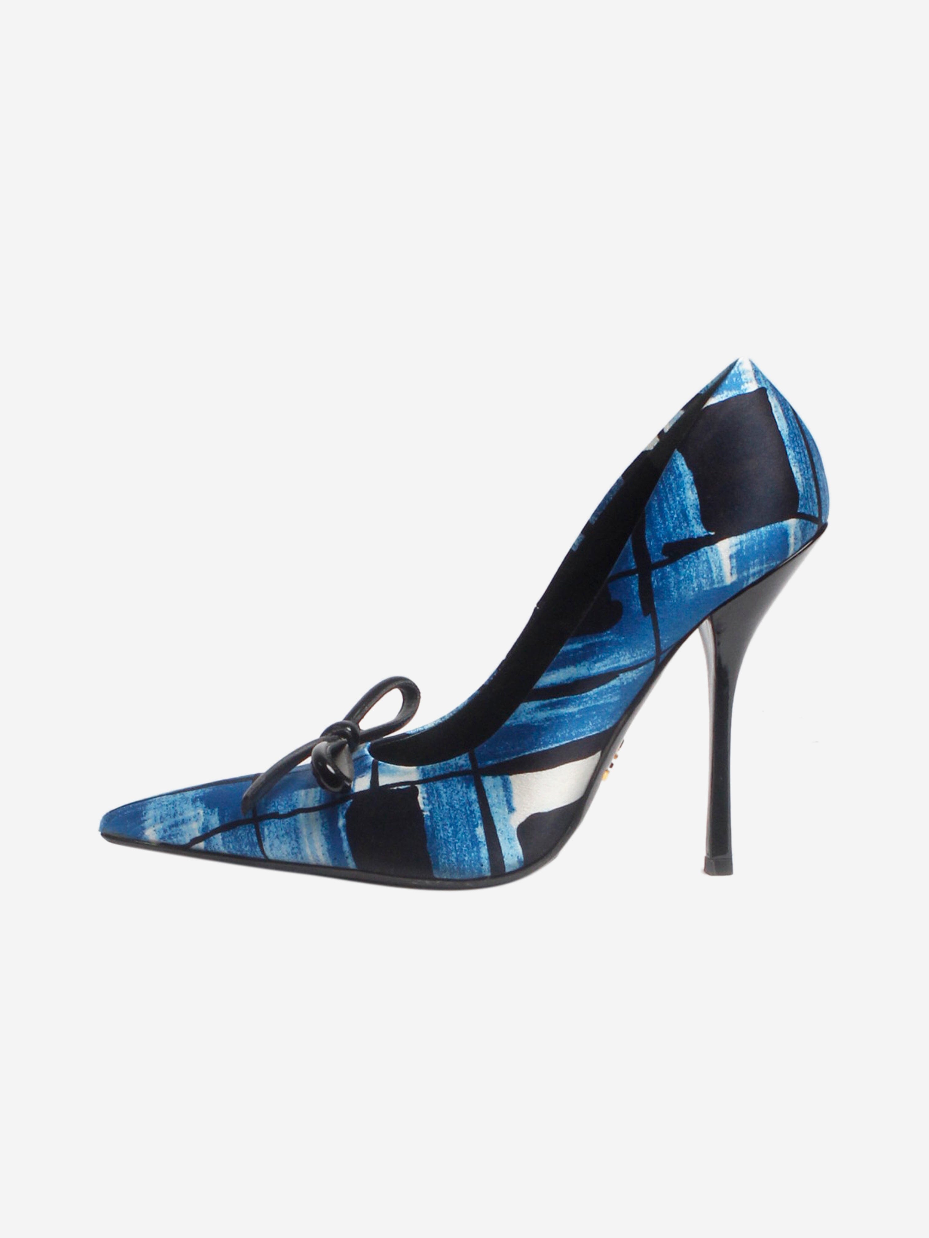 Elegant Blue Satin Printed Bow Heels - Women's Size EU 39 (UK 6) - Perfect for Weddings, Parties & Special Occasions