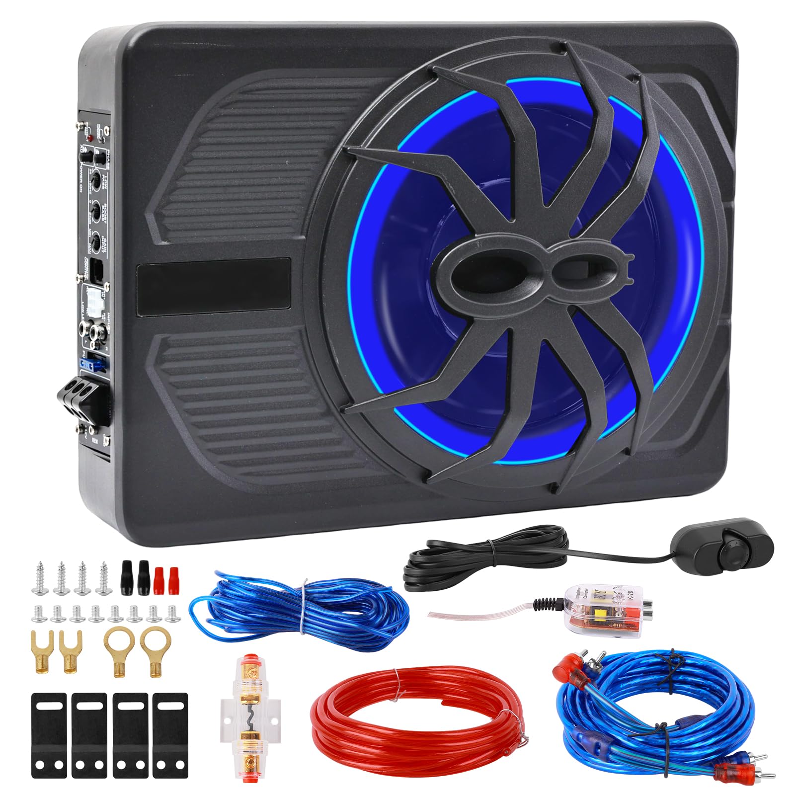 800W Under Seat Powered Car Subwoofer with Built-in Amplifier & Wiring Kit - High/Low Level Input, Blue LED Mood Lights & Remote Control (8