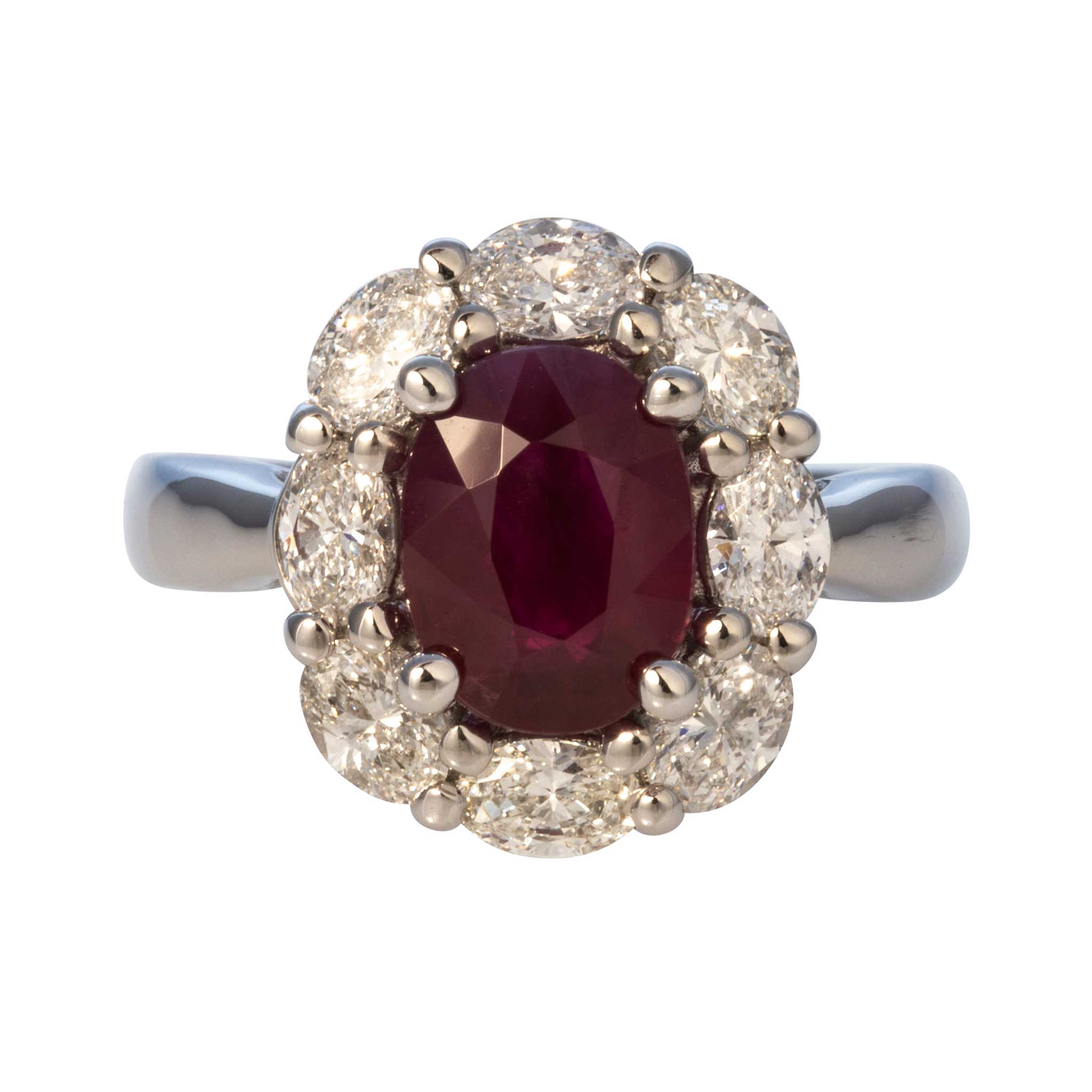 2.25ct Oval Ruby & 1ct Diamond Cluster Ring in 18K White Gold - Elegant Engagement, Wedding, Anniversary Jewelry Gift for Women