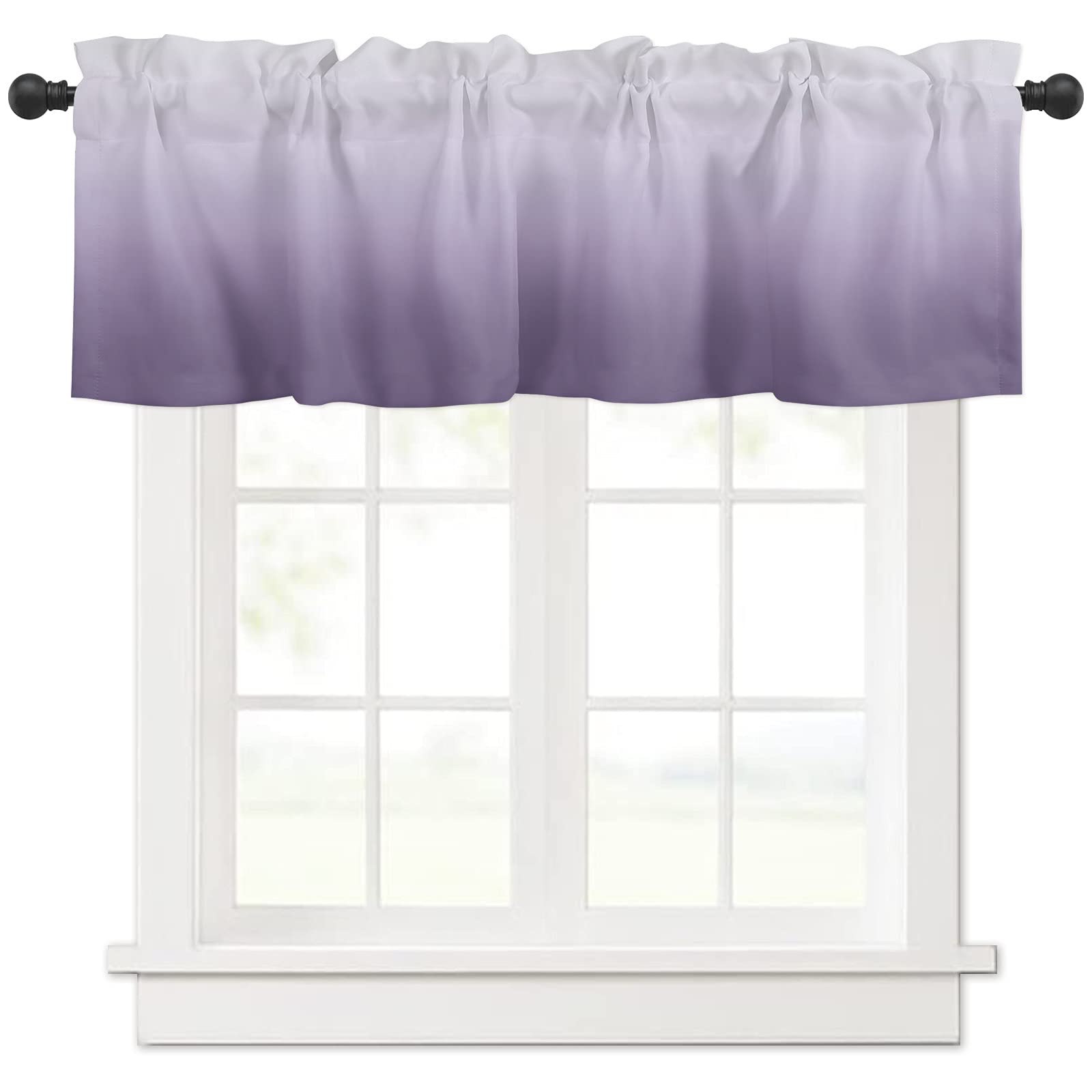 Ombre Lavender Purple Window Curtains - 54 x 18 Inch Washable Panel Drapes for Bedroom, Kitchen, Living Room & Small Windows | Pocket Valance Rod Treatment | White Texture Home Decor for Cozy & Elegant Spaces