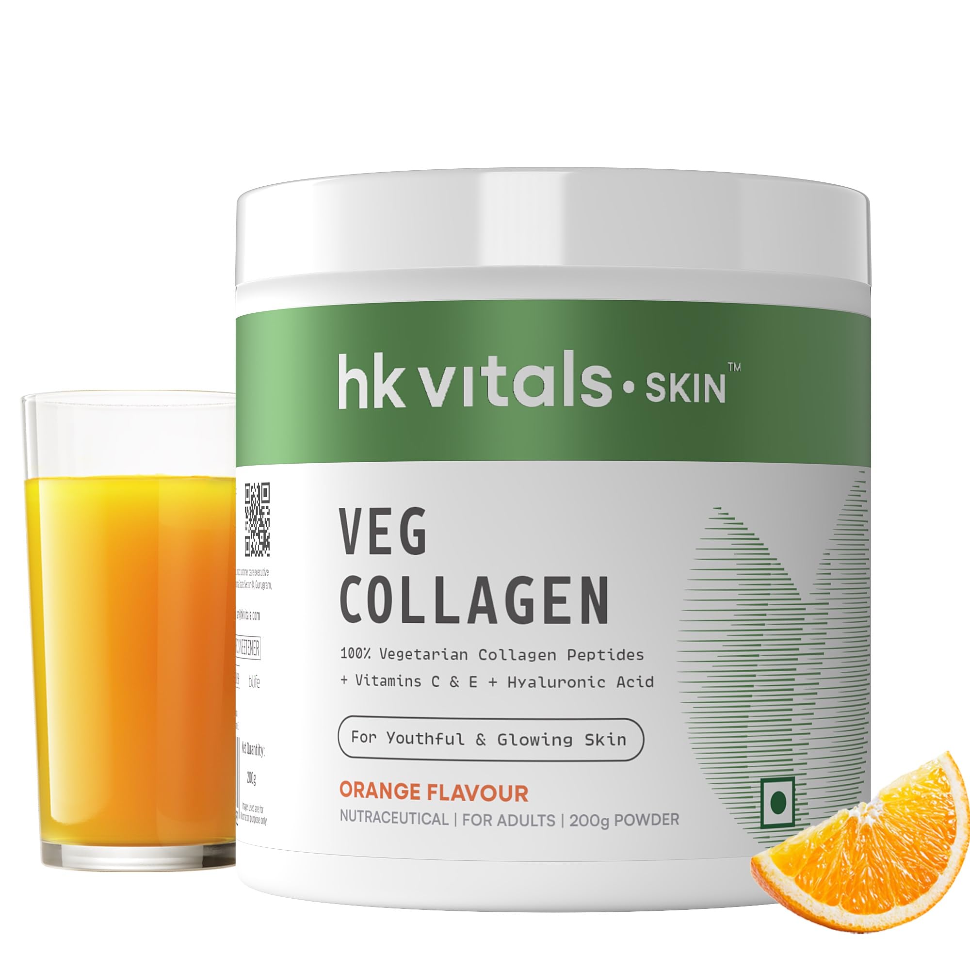 HealthKart HK Vitals Vegan Collagen Supplement (Orange Flavor, 200g) - Biotin, Vitamin C, E & Hyaluronic Acid for Glowing Skin, Strong Hair & Nails | Daily Beauty Boost for Women & Men | Perfect for Anti-Aging & Skin Hydration