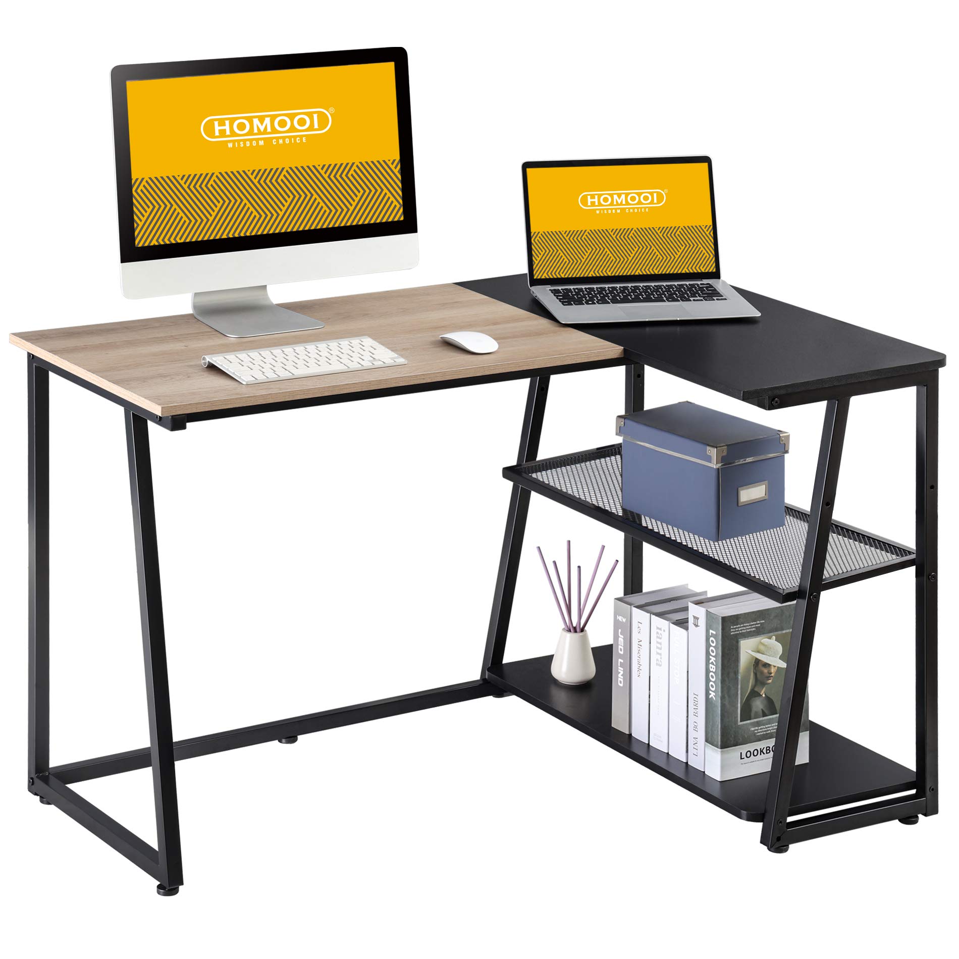 HOMOOI Small L-Shaped Desk with Storage Shelves, 47.2 Inch Reversible Corner Computer Desk for Home Office, Study & Gaming, Oak & Black Finish, Space-Saving Workstation for Small Rooms & Apartments