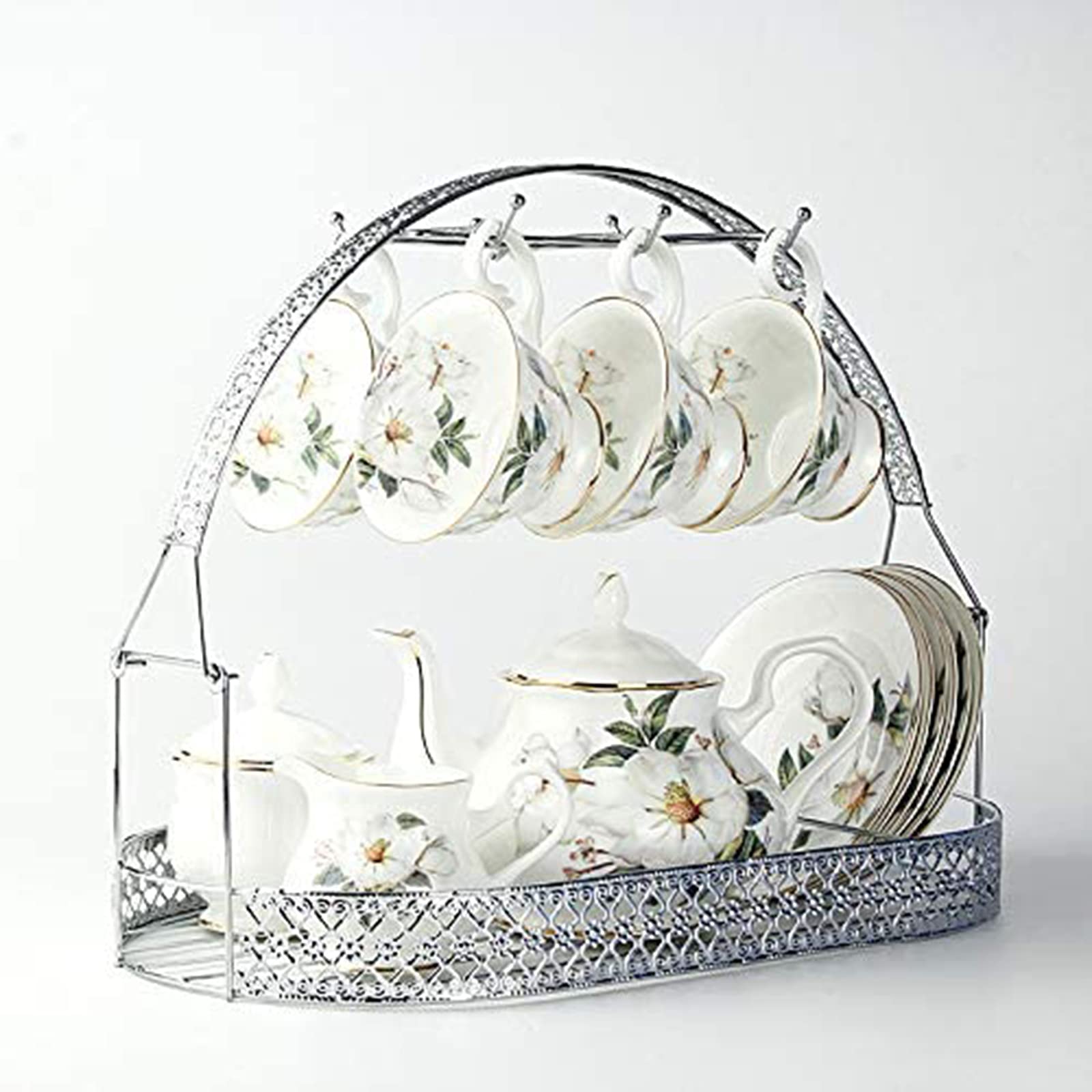HLONGG Wrought Iron Mug Holder Stand - Coffee Cup Rack, Dish Organizer & Drying Storage for Kitchen Counter, Cabinet, Table - Perfect for Home, Restaurant, Office Use (Silver)