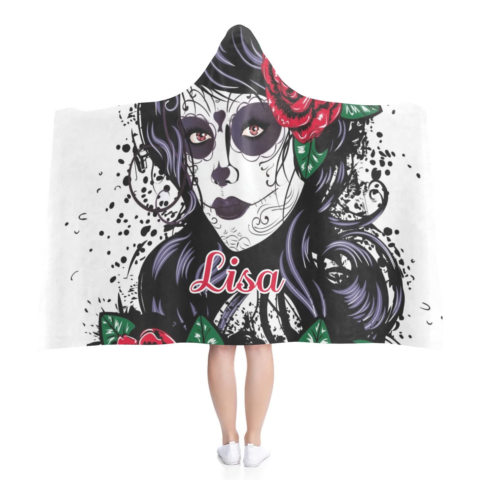 Custom Name Sugar Skull Flower Hoodie Blanket - Wearable Throw Blanket Cape Wrap for Adults & Kids - Perfect for Halloween Costumes, Cozy Home Decor & Unique Gift Ideas
