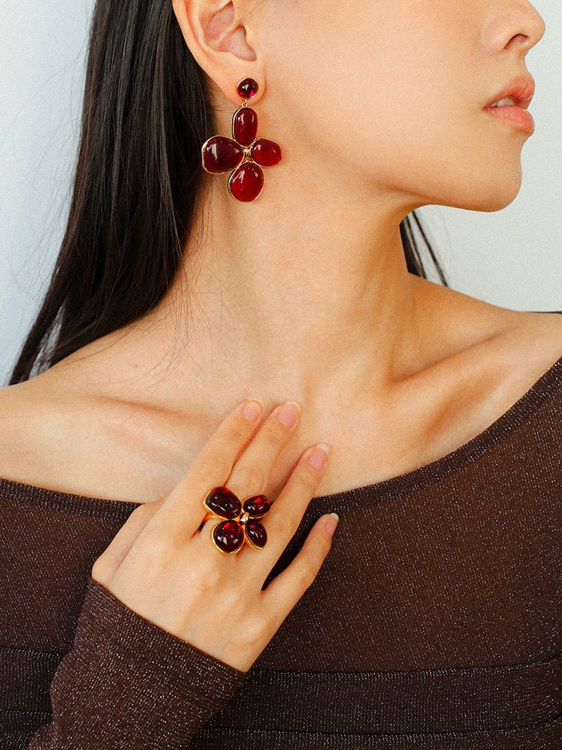 Lilac Blossom Ring with Genuine Red Glass - Elegant Floral Jewelry for Women - Perfect for Weddings, Parties & Everyday Wear