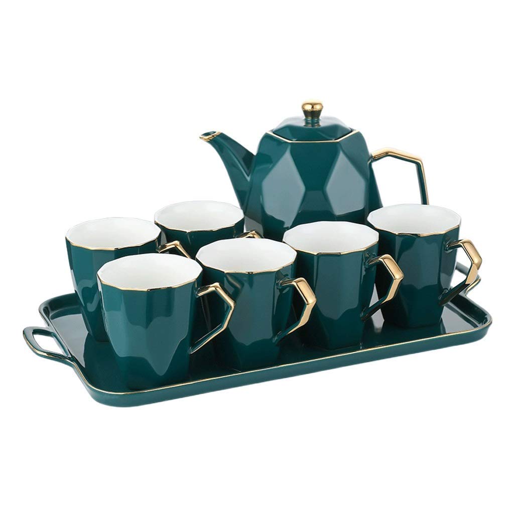 Nordic Style Green Diamond Pattern Ceramic Coffee and Tea Set - Bone China Coffee Pot, Cups & Water Bottle for Home, Hotel, and Office Use