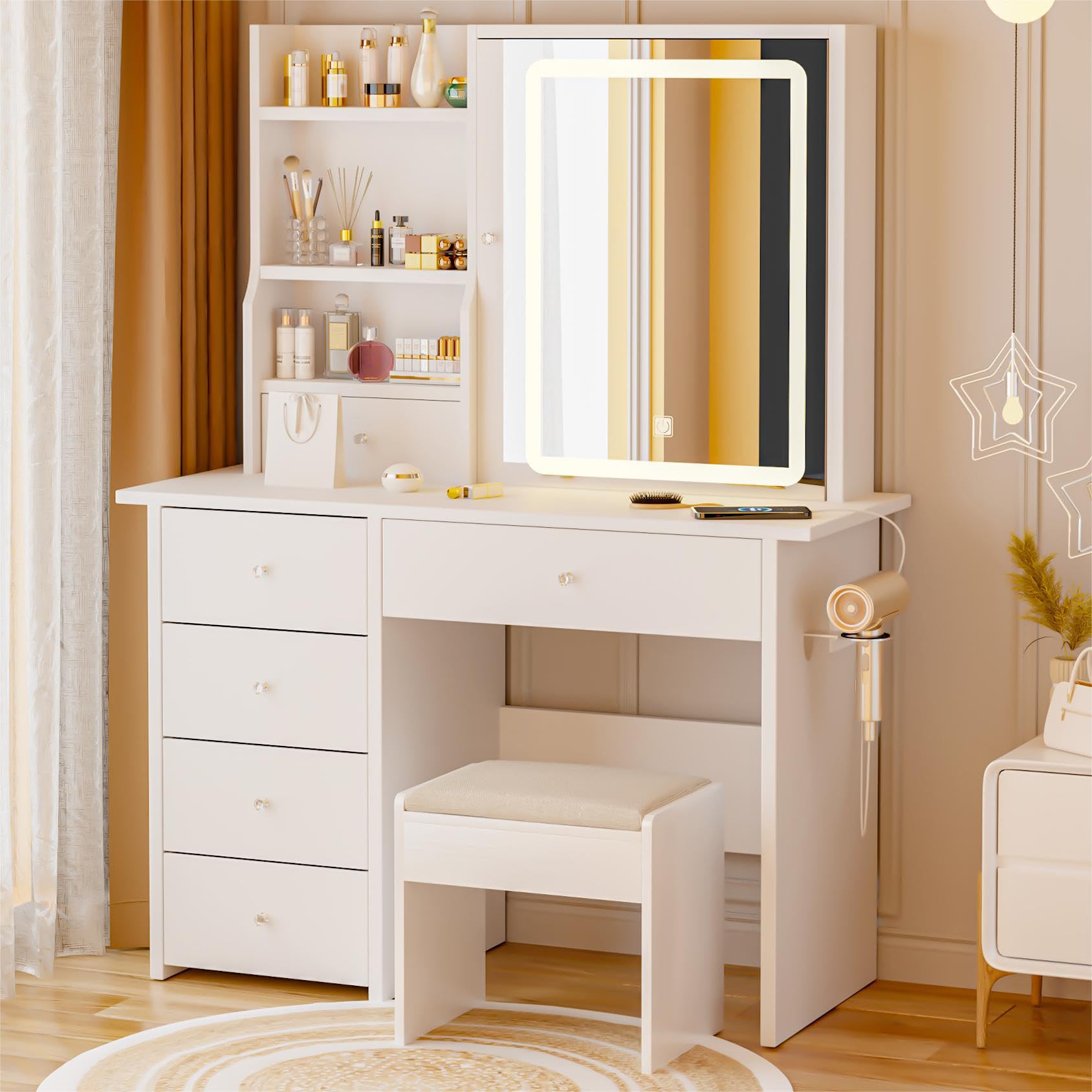 DYHOME Makeup Vanity Desk with LED Lights & USB Charging Station, White Dressing Table with 6 Drawers & Jewelry Organizer - Includes Stool, 3 Color Lighting Modes | Perfect for Bedroom, Dorm Room & Home Beauty Station