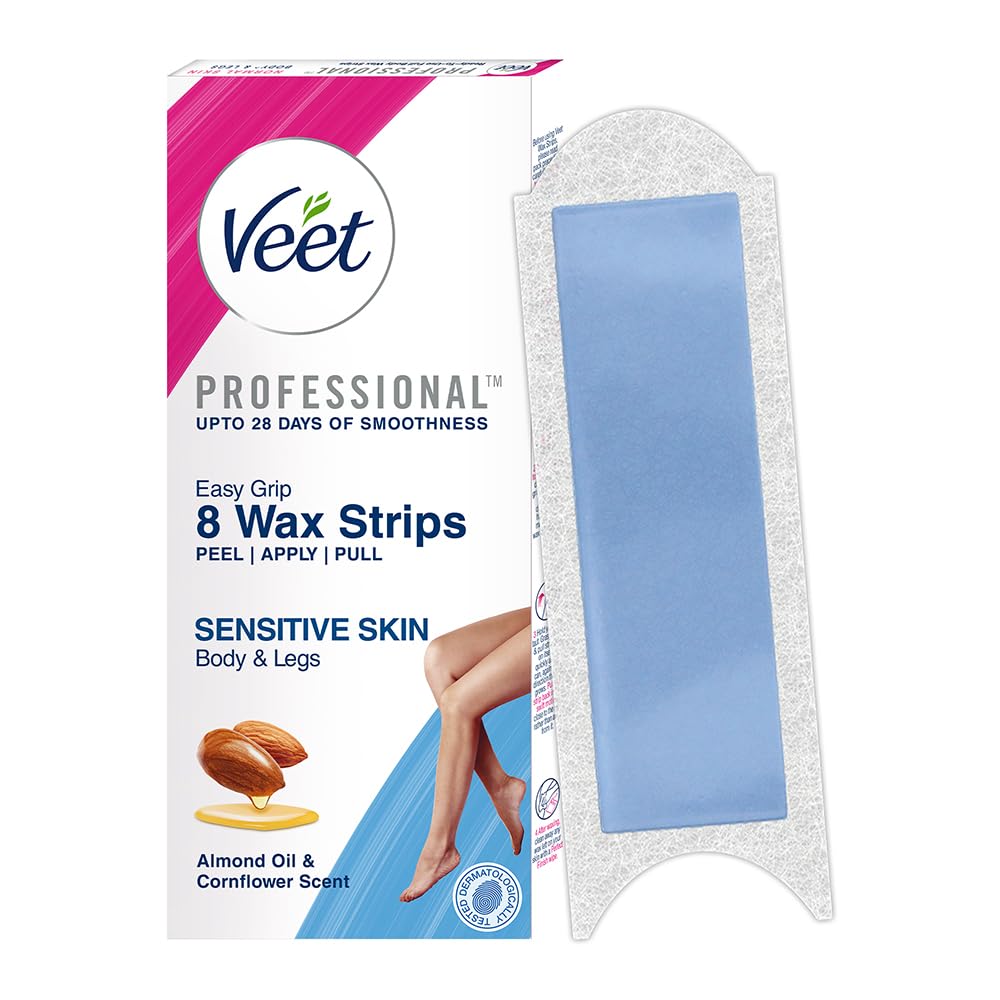 Veet Professional Wax Strips Kit for Sensitive Skin - 8 Count | Painless Hair Removal for Women & Men | Long-Lasting Smoothness up to 28 Days | No Wax Heater Needed | Perfect for Legs, Arms & Bikini Line at Home