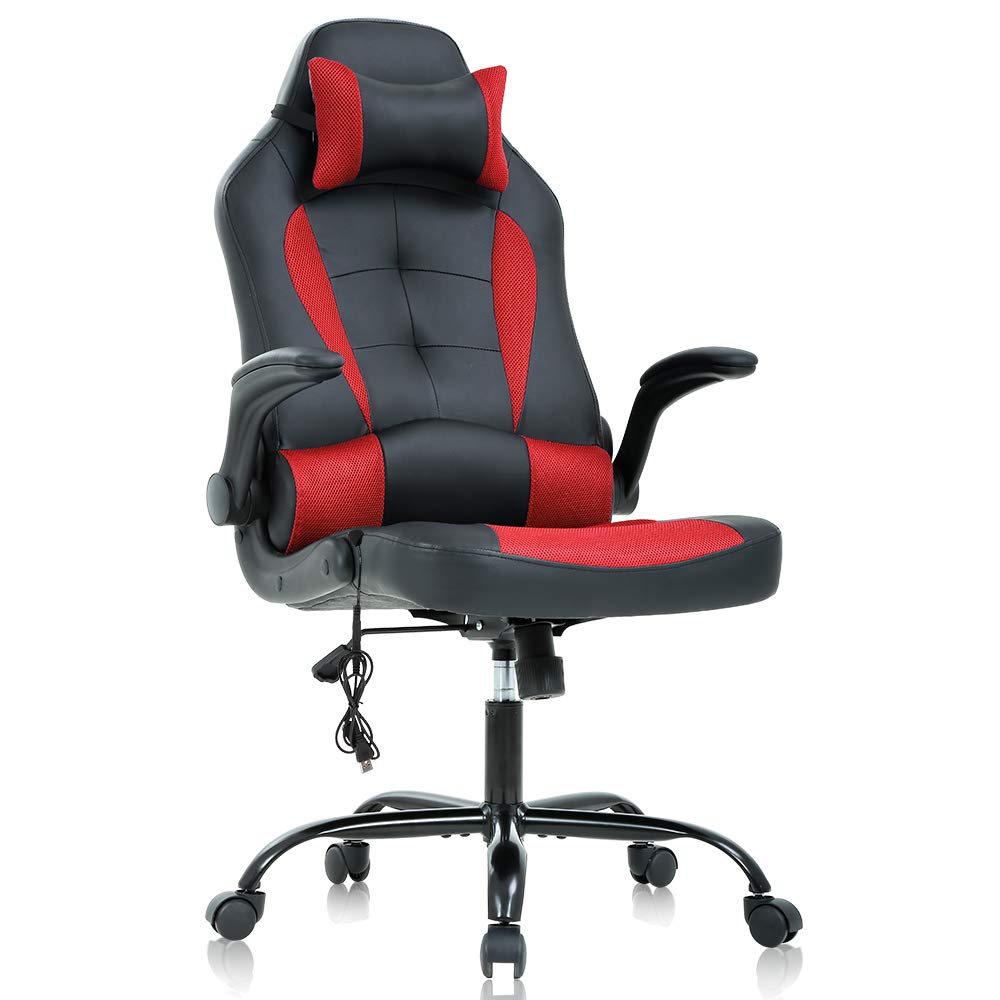 Ergonomic Gaming Chair with Massage & Lumbar Support - Adjustable PU Leather Office Chair for PC & Video Games - Red Swivel Computer Chair for Home & Esports Gaming Setup