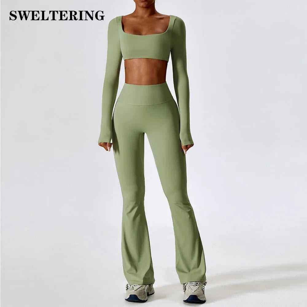 2-Piece Women's Yoga Tracksuit Set - Long Sleeve Crop Top & High Waist Leggings - Gym Workout Sportswear for Fitness, Running & Lounge Wear