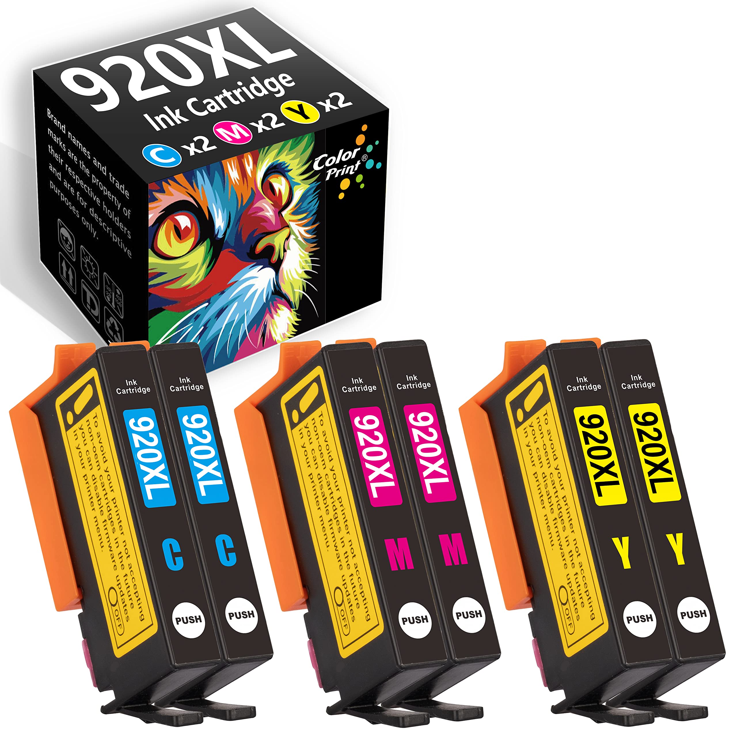 6-Pack HP 920XL Compatible Ink Cartridges (Cyan, Magenta, Yellow) - Replacement for HP 920XL - Works with Officejet 6500/6500A/6000/7000/7500/7500A/E709 Printers - High-Quality Colorprint for Home & Office Printing Needs