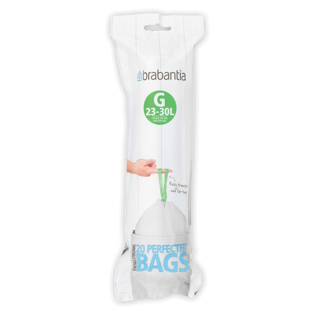 Brabantia PerfectFit 6-8 Gallon Trash Bags with Drawstring Handles - 20 Count Thick Plastic Trash Can Liners for Kitchen, Bathroom & Office Waste Disposal
