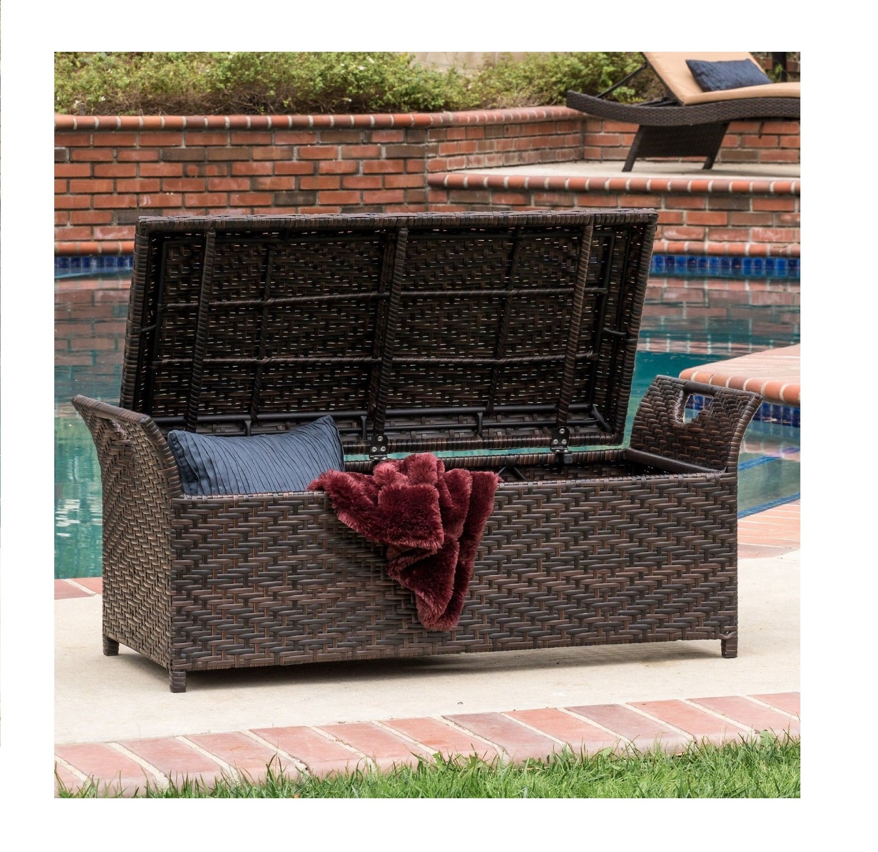 Outdoor Wicker Storage Bench Seat Box - Weatherproof Patio Furniture with Cushion for Garden, Deck, and Porch - Perfect for Organizing Blankets, Toys, and Outdoor Accessories