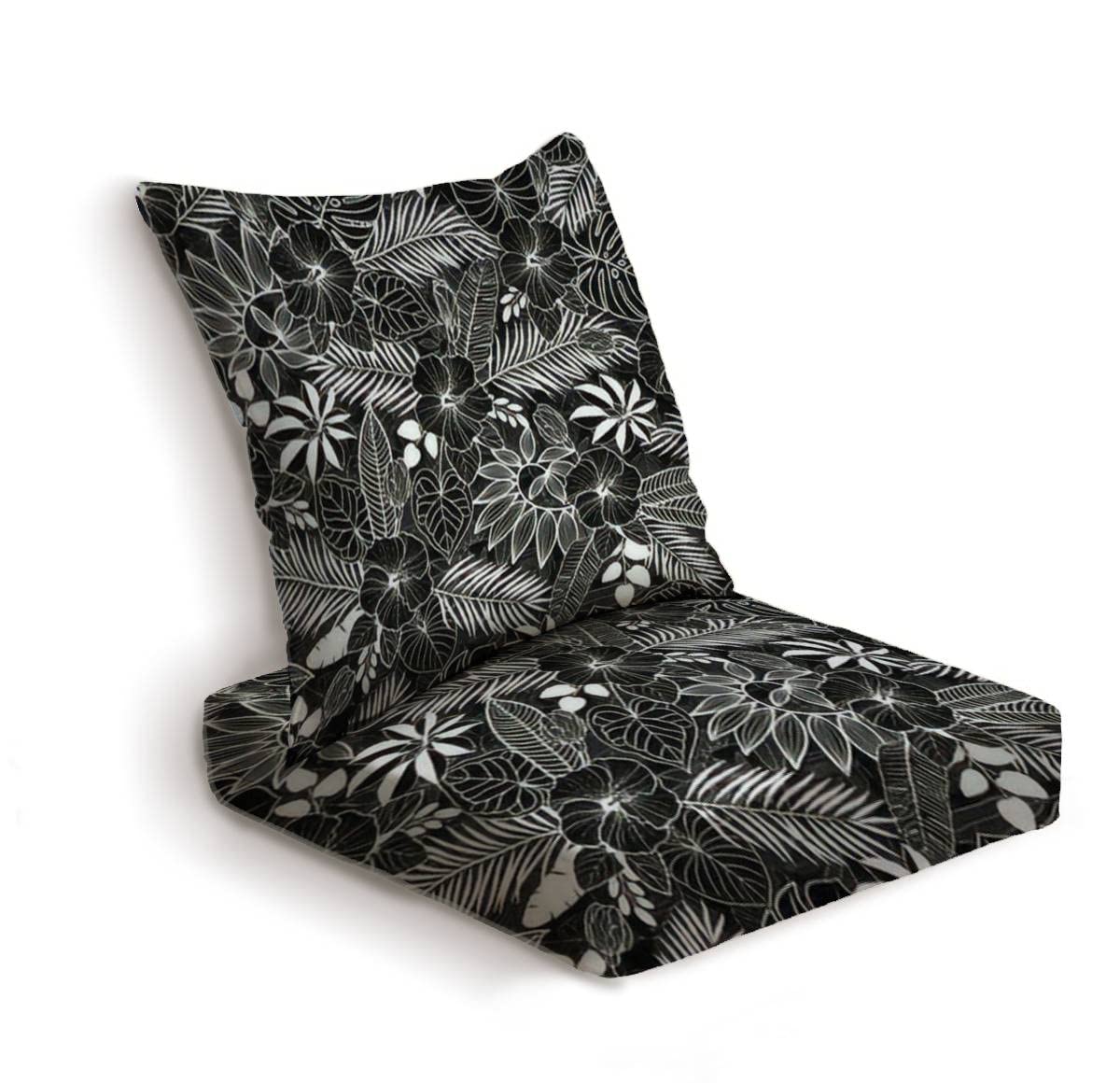 2-Piece All-Weather Outdoor Deep Seat Cushion Set - Black & White Tropical Print - Waterproof Patio Furniture Replacement Cushions for Sofa, Chair, and Lounge - Perfect for Backyard, Poolside, and Garden Relaxation