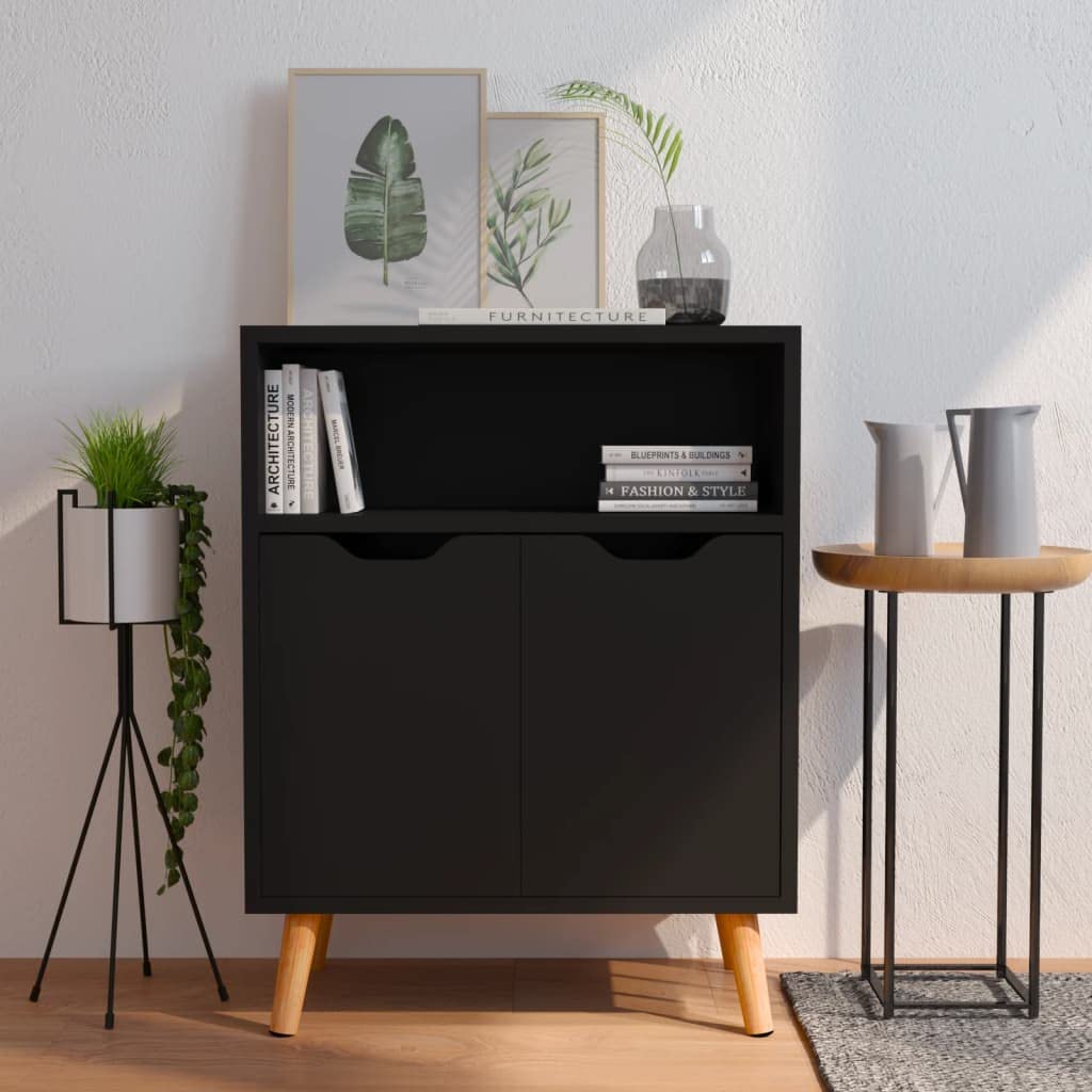 Modern Buffet Cabinet with Open Shelf & 2 Doors - Kitchen Storage Sideboard, Dining Room Console Table, Living Room Decorative Cupboard - Black Floor Chest for Home Organization & Entertaining