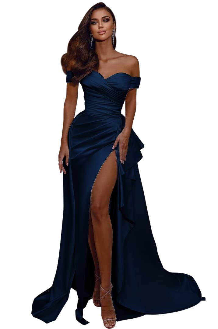 Elegant Off Shoulder Prom Dresses 2024 | Mermaid Slit Formal Evening Gowns | Satin Wedding Party Dresses for Women | Perfect for Homecoming, Quinceañera & Black Tie Events