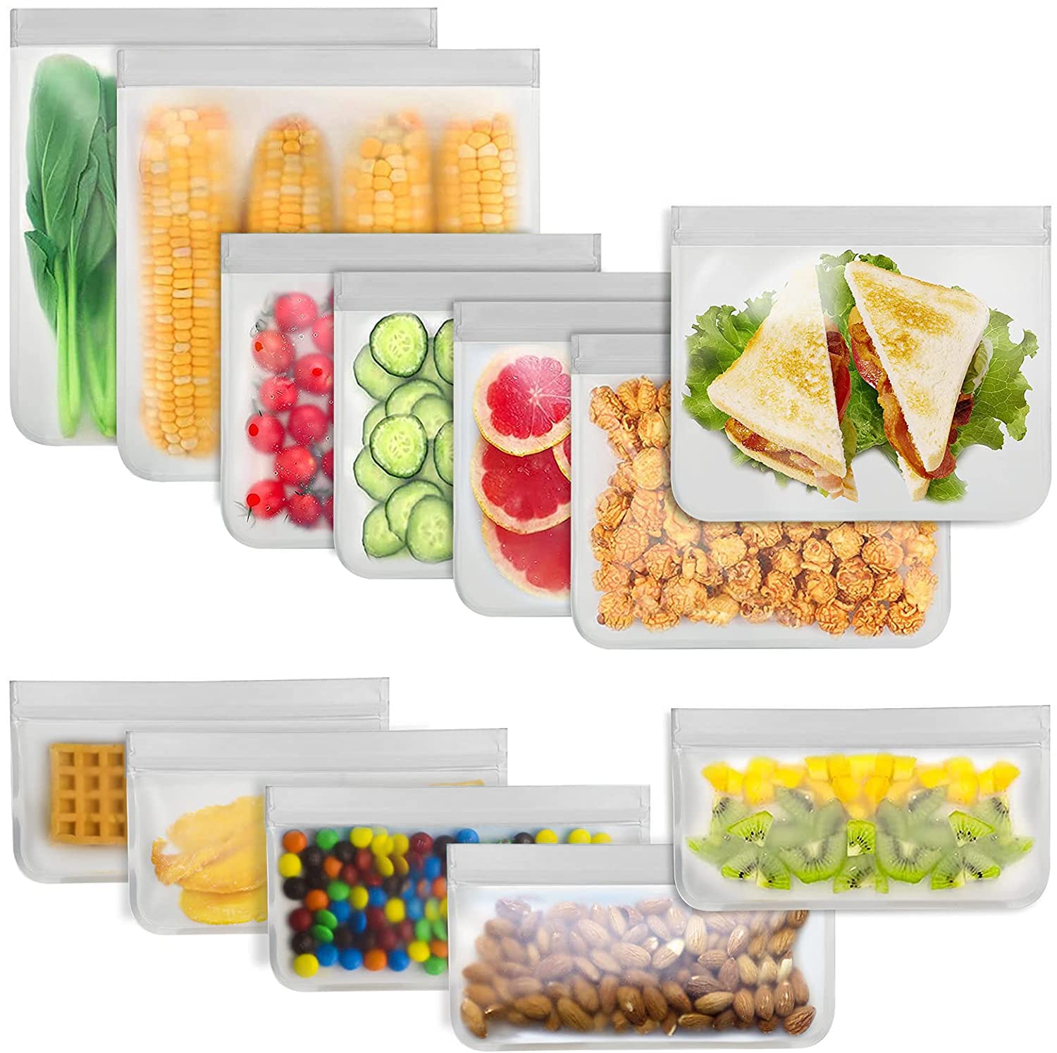 Eco-Friendly Reusable Food Storage Bags - 12 Pack BPA Free Freezer Safe Bags (2 Gallon, 5 Sandwich & 5 Snack Size) | Leakproof Silicone Bags for Meat, Fruits, Vegetables | Perfect for Meal Prep, Camping & Leftovers