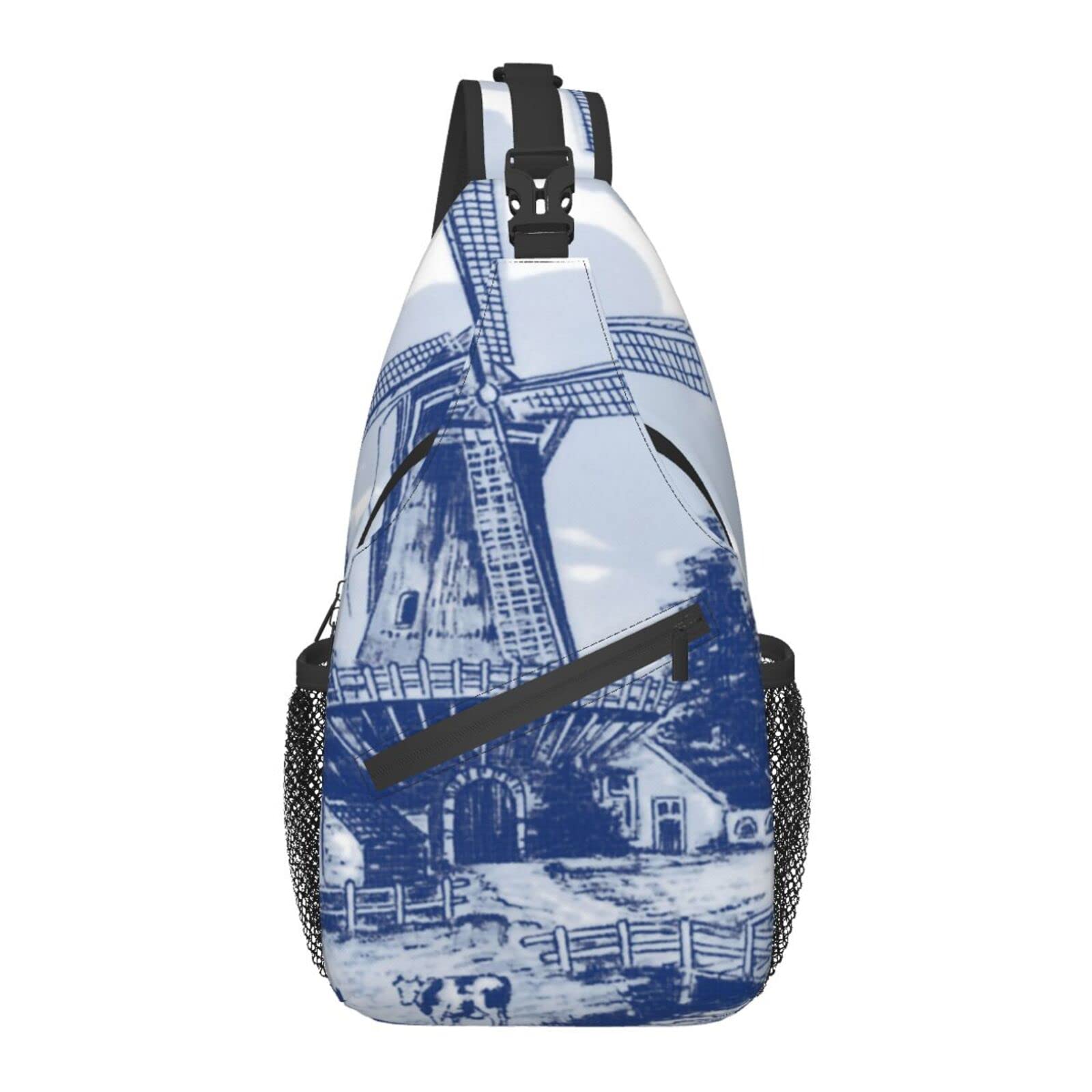Vintage Dutch Windmill Delft Crossbody Backpack - Large Sling Bag with Water Bottle Holder for Men & Women - Perfect for Gym, Travel, Hiking & Daily Use
