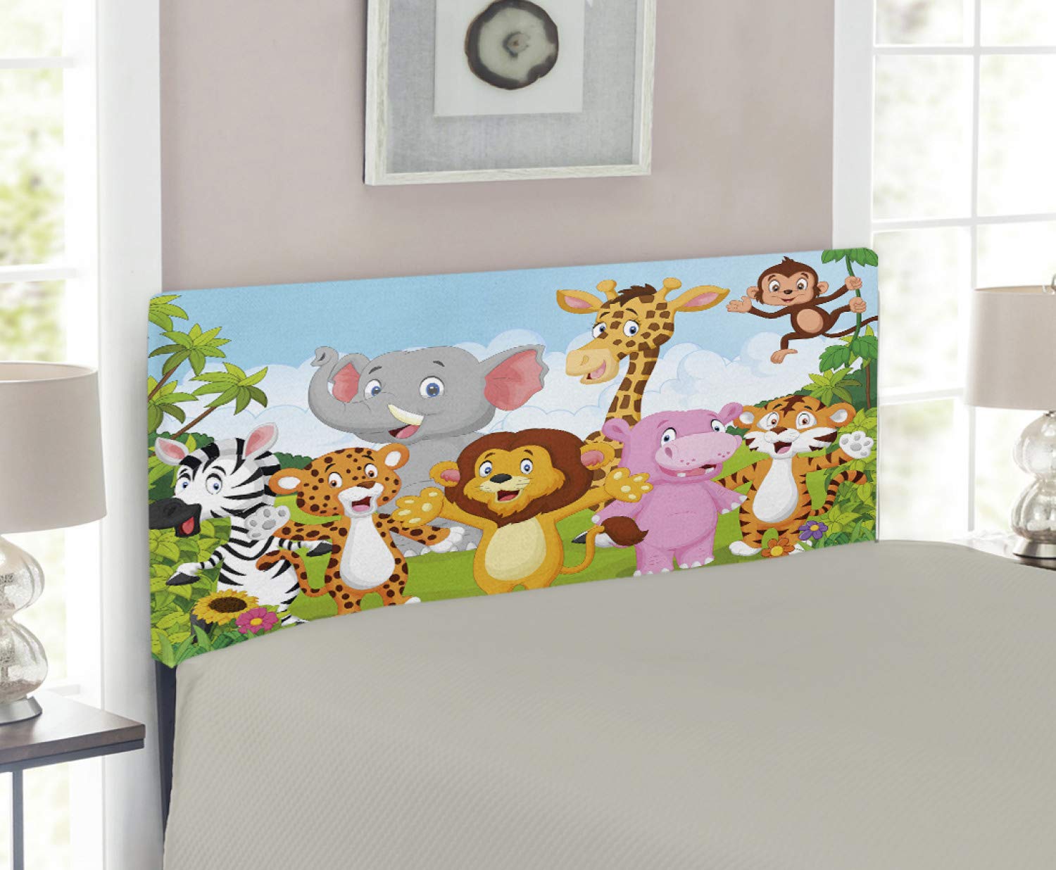 Ambesonne Cartoon Headboard - Playful Savannah Animals Design, Upholstered Metal Bed Frame with Memory Foam for Twin Size Beds | Kids Room Decor, Wildlife Theme Bedroom, Jungle Nursery Decor