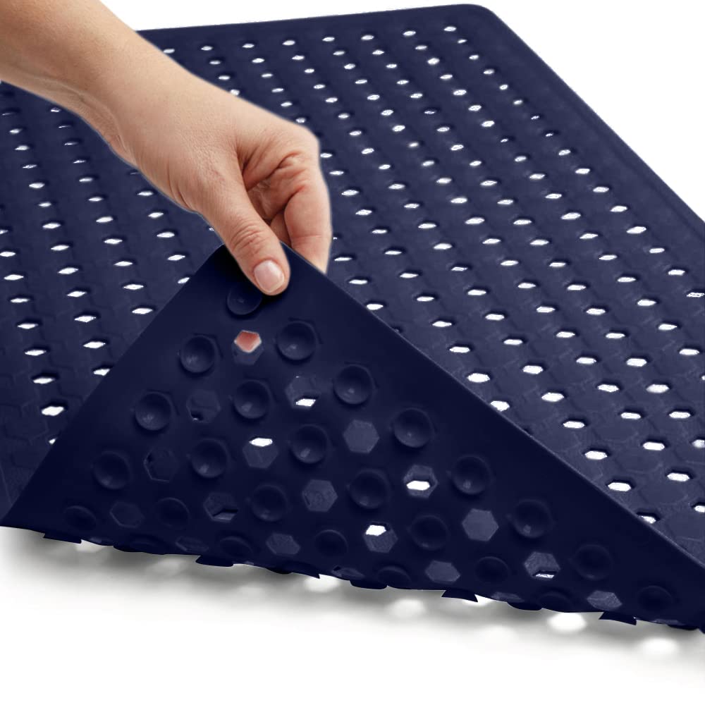 GORILLA GRIP Non-Slip Bathtub Shower Mat with Suction Cups & Drain Holes | Machine Washable Bath Tub Floor Liner | 35x16 Inch Navy Blue Bathroom Safety Mat | Perfect for Kids, Elderly & Wet Bathroom Surfaces