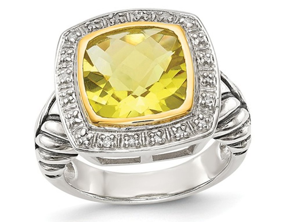 3.60 Carat Lemon Quartz Sterling Silver Ring with 14K Gold Accents - Elegant Cable Design for Women, Perfect for Engagement, Anniversary & Special Occasions