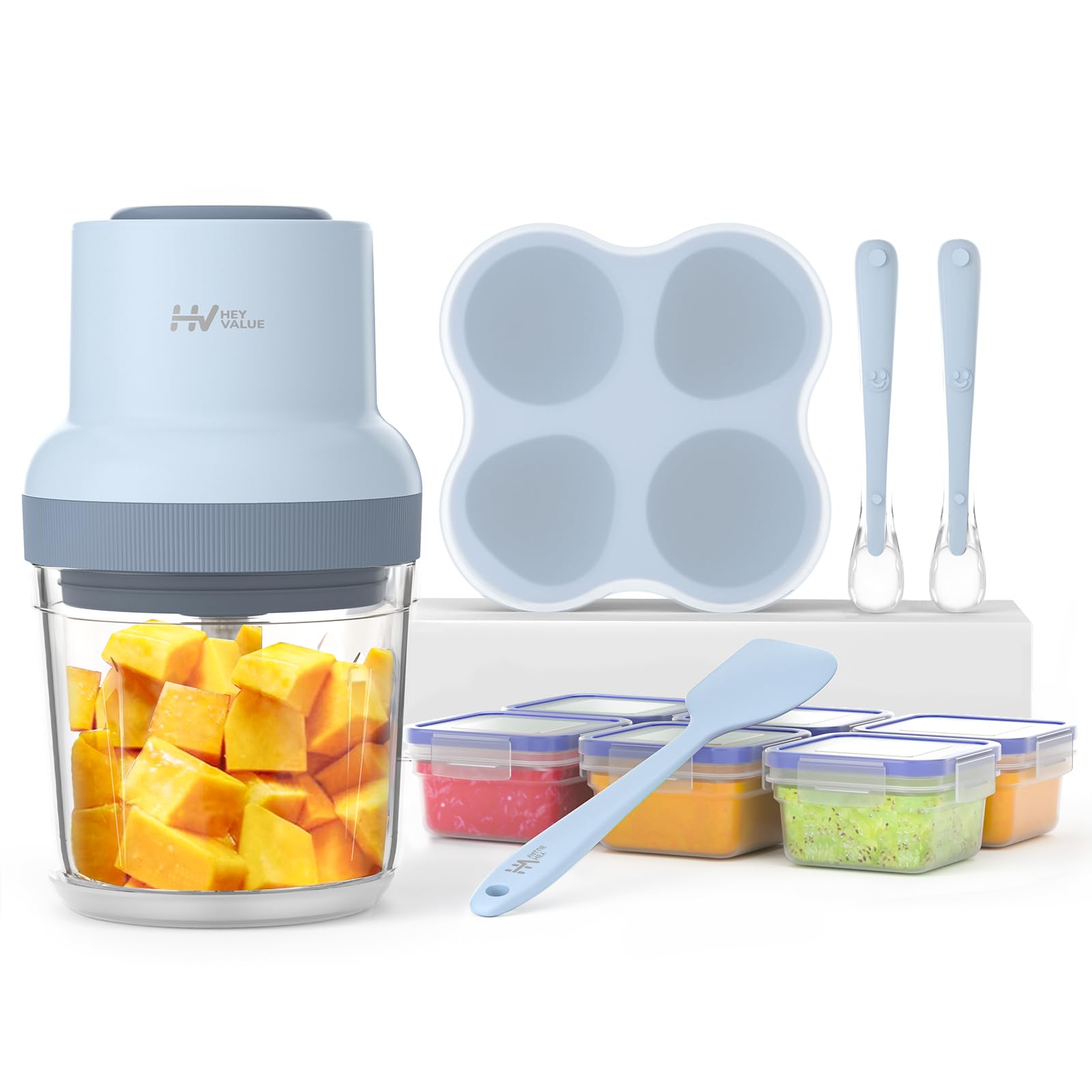 HEYVALUE 13-in-1 Baby Food Maker & Processor Set - Electric Blender for Fruits, Vegetables & Meat Purees - Includes BPA-Free Containers, Freezer Trays, Silicone Spoons & Spatula (Light Blue) - Perfect for Homemade Baby Food Prep & Meal Storage