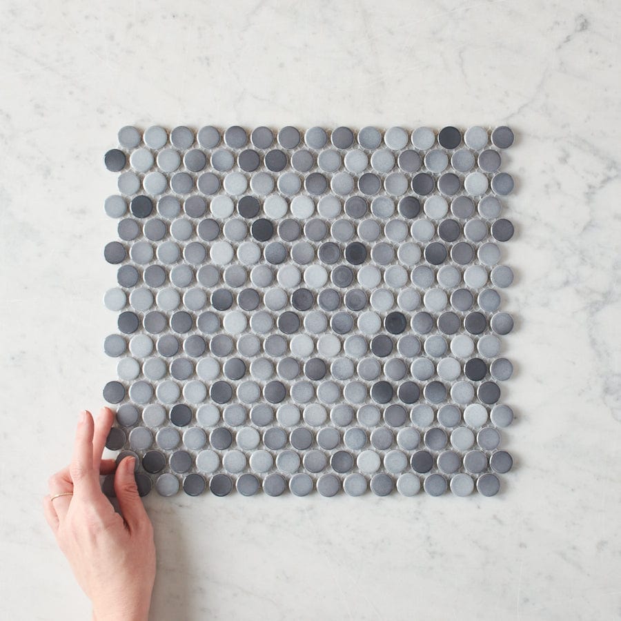 Premium Broadwater Grey Mix Gloss Penny Round Mosaic Tile - Waterproof Peel & Stick Backsplash for Kitchen, Bathroom, and Shower Walls