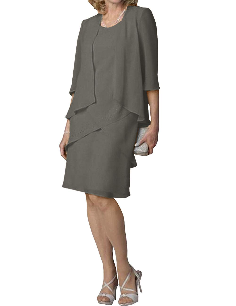 Elegant Mother of The Bride Dresses | Short Formal Evening Gown with 3/4 Sleeve Chiffon Jacket & Tiered Skirt | Perfect for Weddings, Receptions & Special Occasions