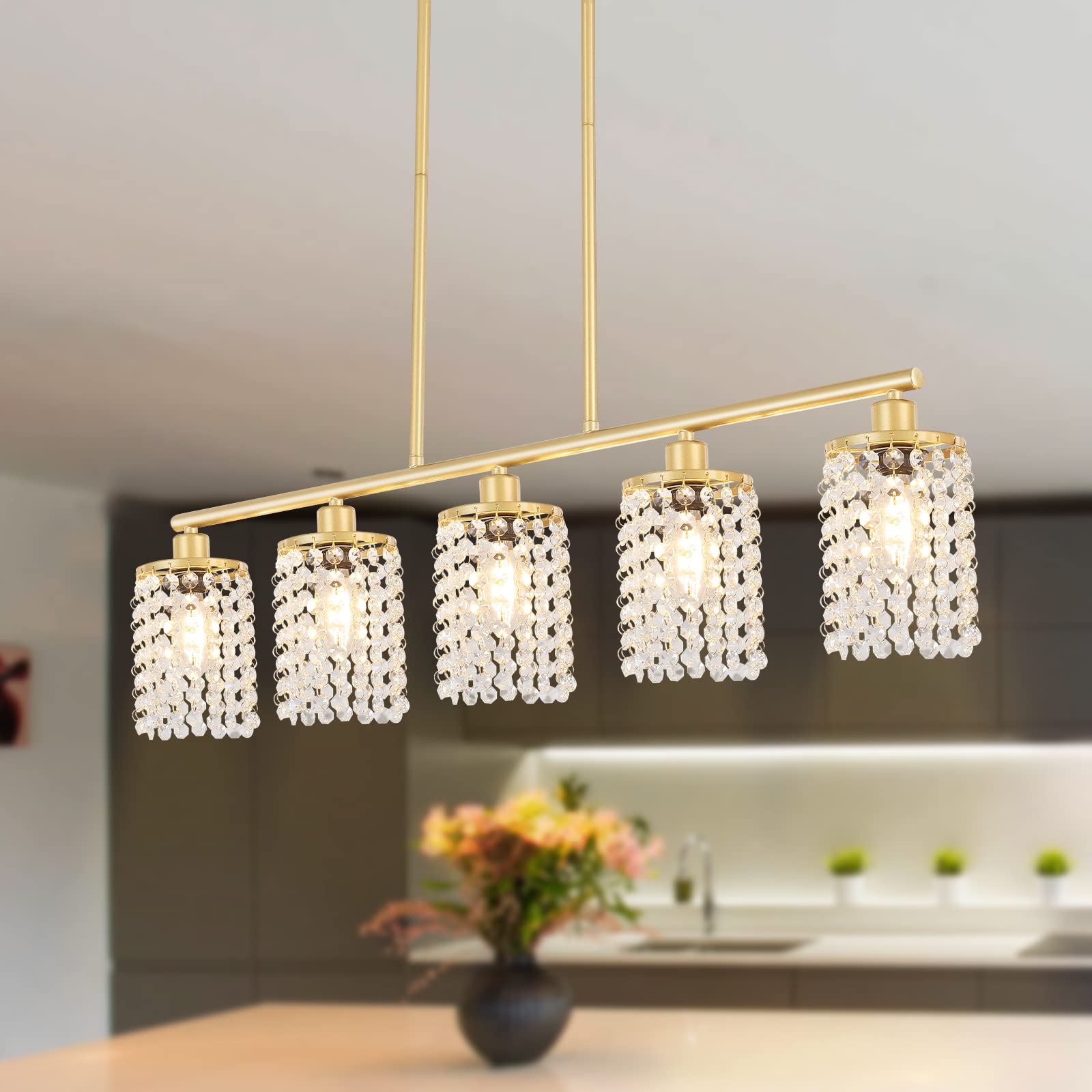 ASHUAQI 5-Light Gold Chandelier with K5 Crystal Strings - Modern Kitchen Island Lighting & Dining Room Pendant Light Fixture for Home Decor | Perfect for Kitchen Tables, Living Rooms & Dining Areas