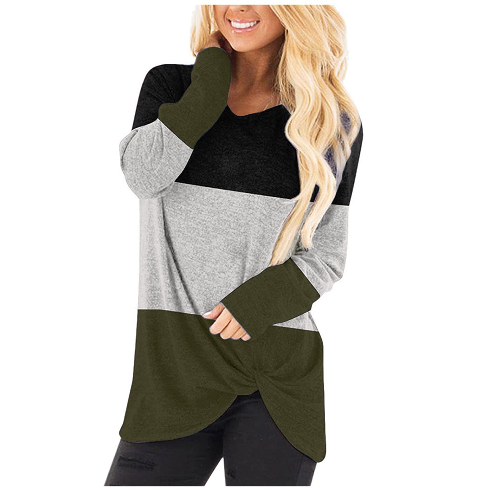 Women's Casual Long Sleeve Tunic Tops - Loose Fit Splice Collared Blouse with Tie Detail | Fall Fashion T-Shirt & Sweater Alternative | Perfect for Work, Date Night & Autumn Outfits