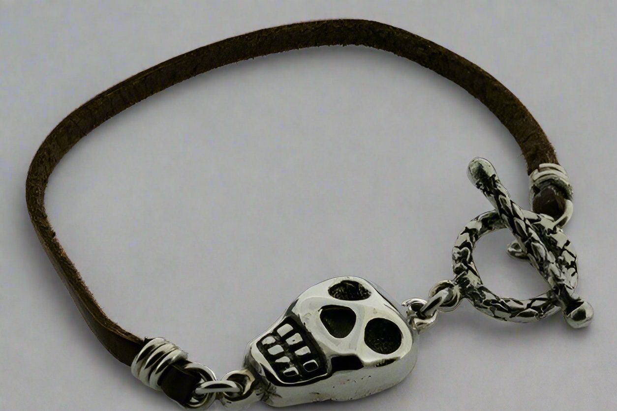 Handmade Leather & Sterling Silver Skull Bracelet for Men & Women - Gothic Punk Jewelry Gift for Halloween, Biker, Rocker Style