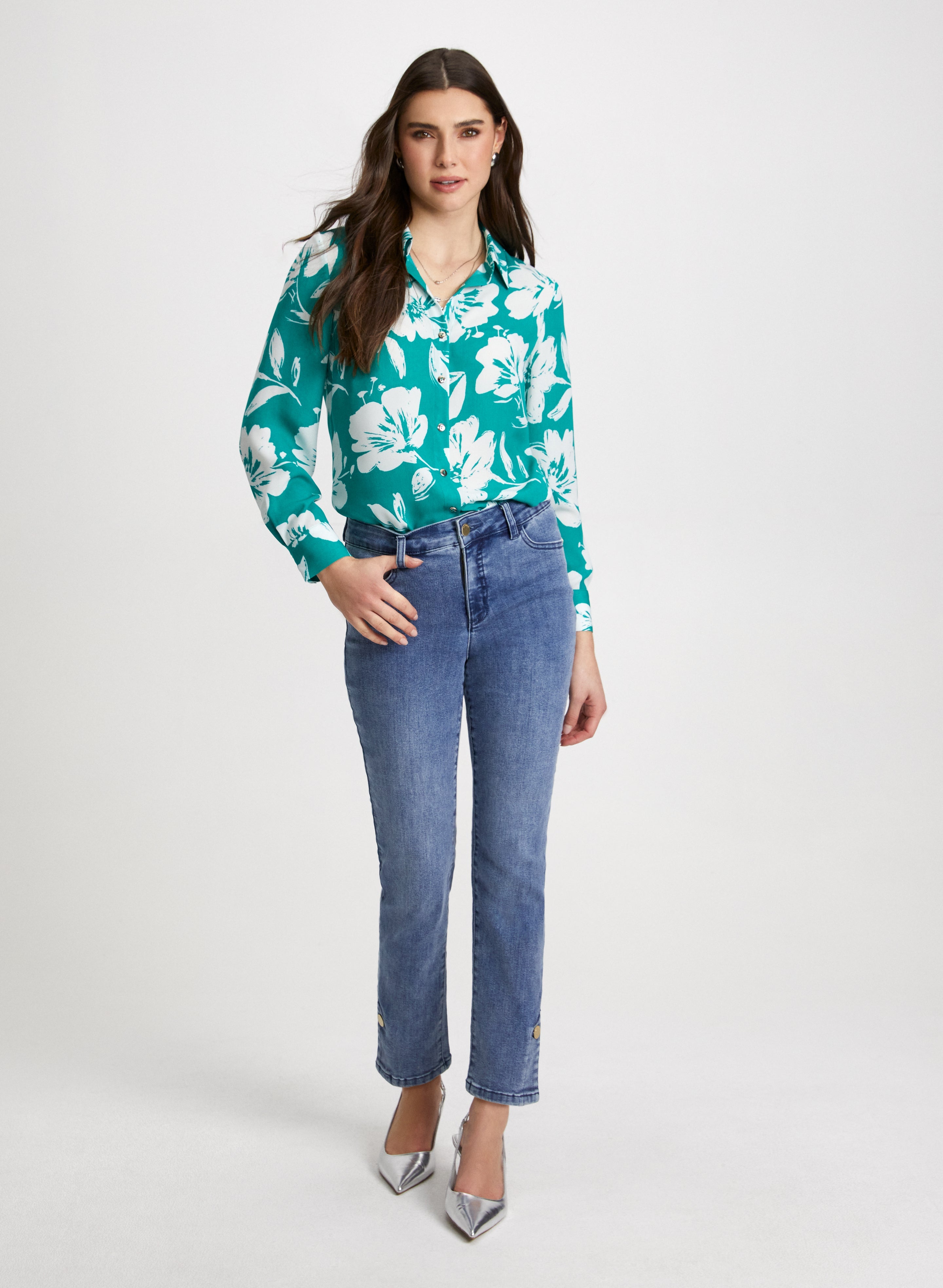 Floral Print Blouse & Button Hem Jeans Set for Women - Stylish Spring Summer Outfit for Casual Wear, Date Night, and Office Fashion