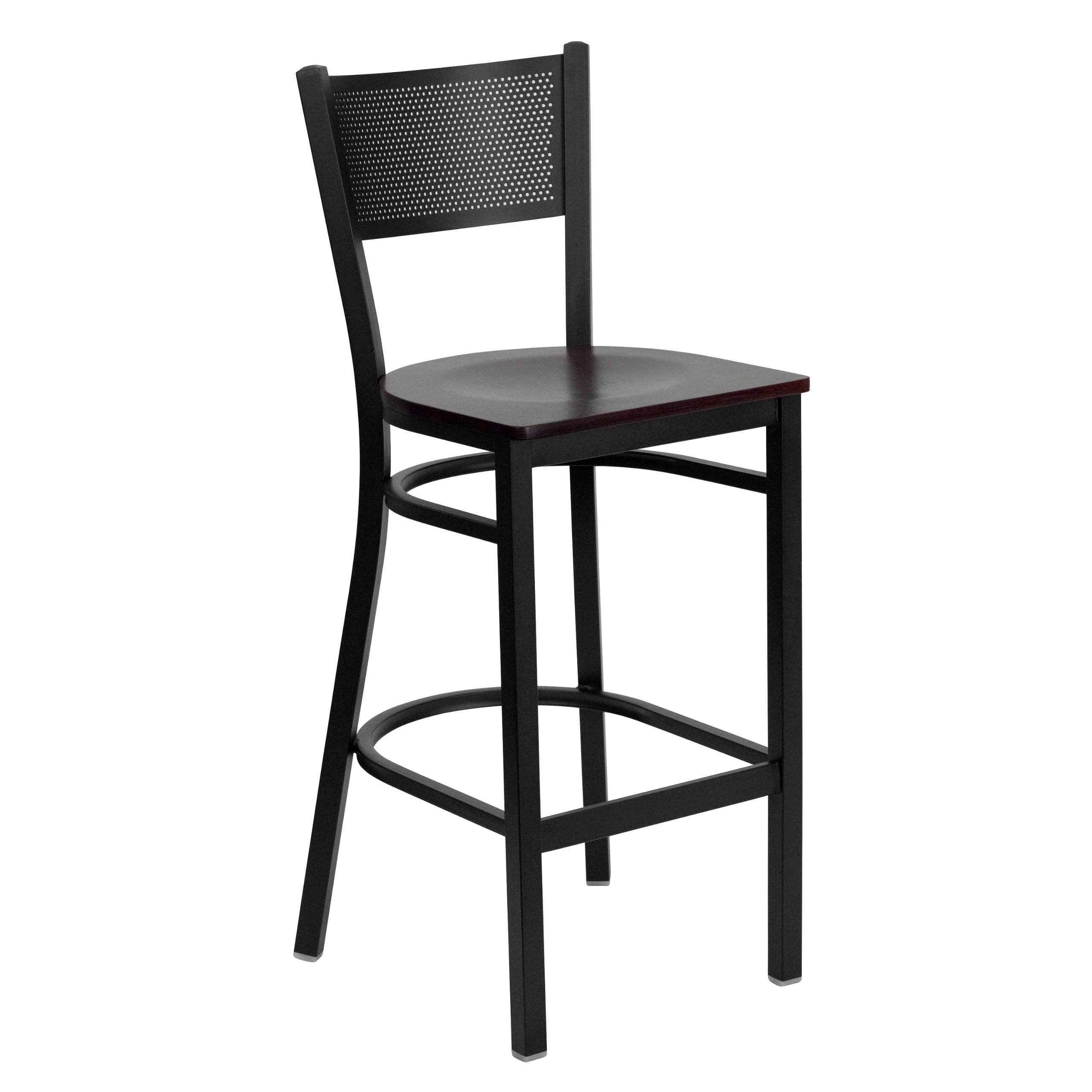 Flash Furniture HERCULES Series Black Grid Back Metal Bar Stool with Mahogany Wood Seat - 24