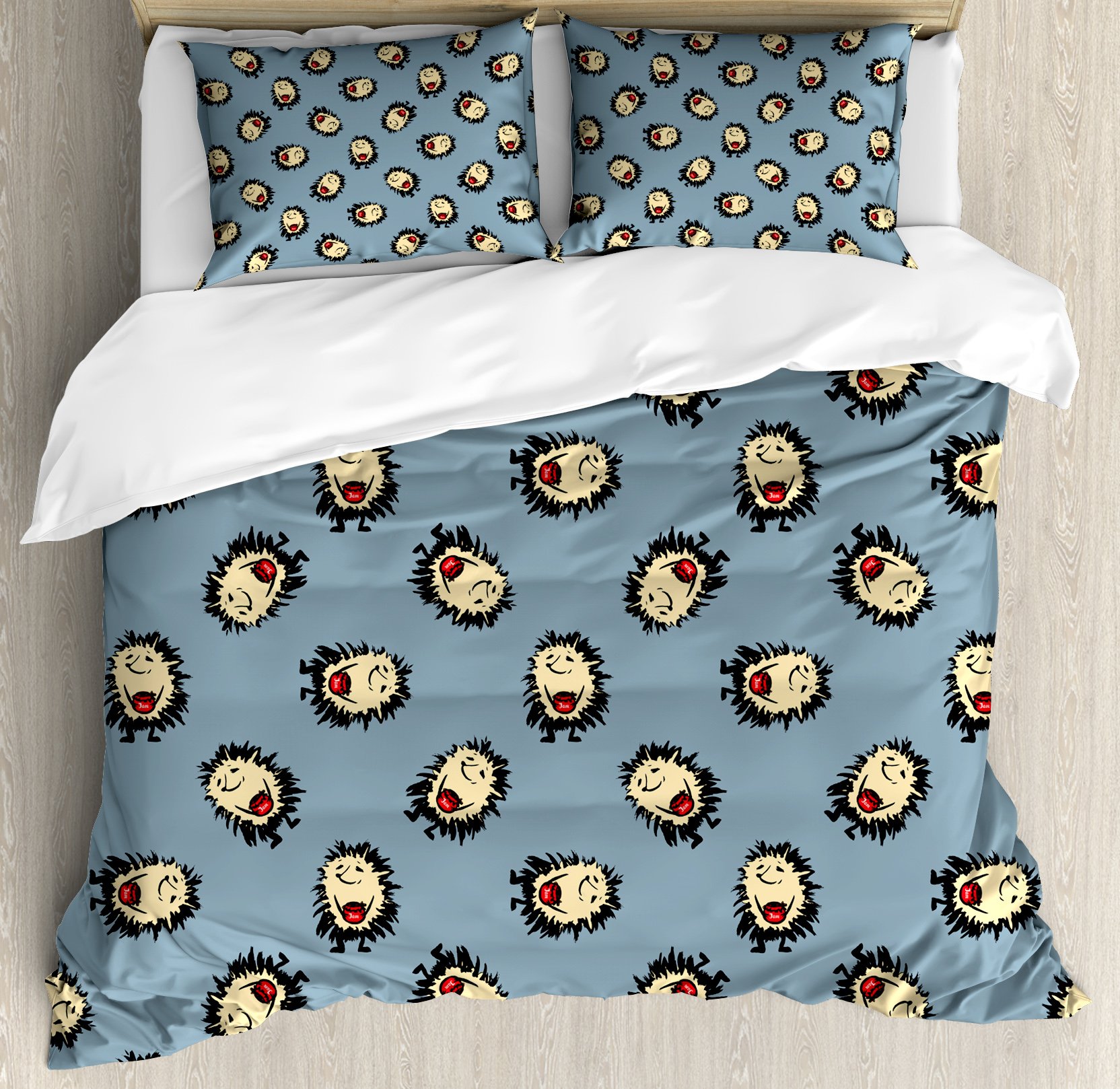 Ambesonne King Size Duvet Cover Set - Hand Drawn Hedgehog Design with Jam Jar, Playful Animal Theme 3-Piece Bedding (Duvet Cover + 2 Pillow Shams) in Blue Grey Cream | Soft & Breathable for Cozy Bedroom Decor | Perfect for Kids Rooms, Guest Bedrooms & Whimsical Home Decor