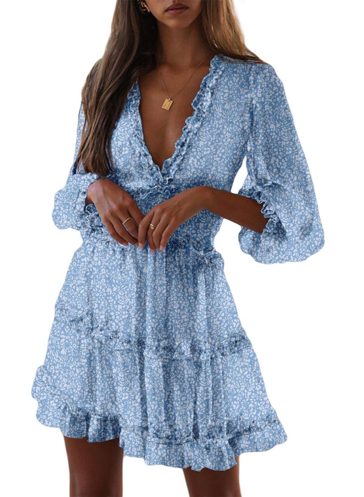 Dokotoo Women's 2025 Spring Summer Floral Mini Dress - Deep V Neck, Long Sleeve, Backless & Ruffle Design for Party, Wedding, Date Night & Vacation Outfits