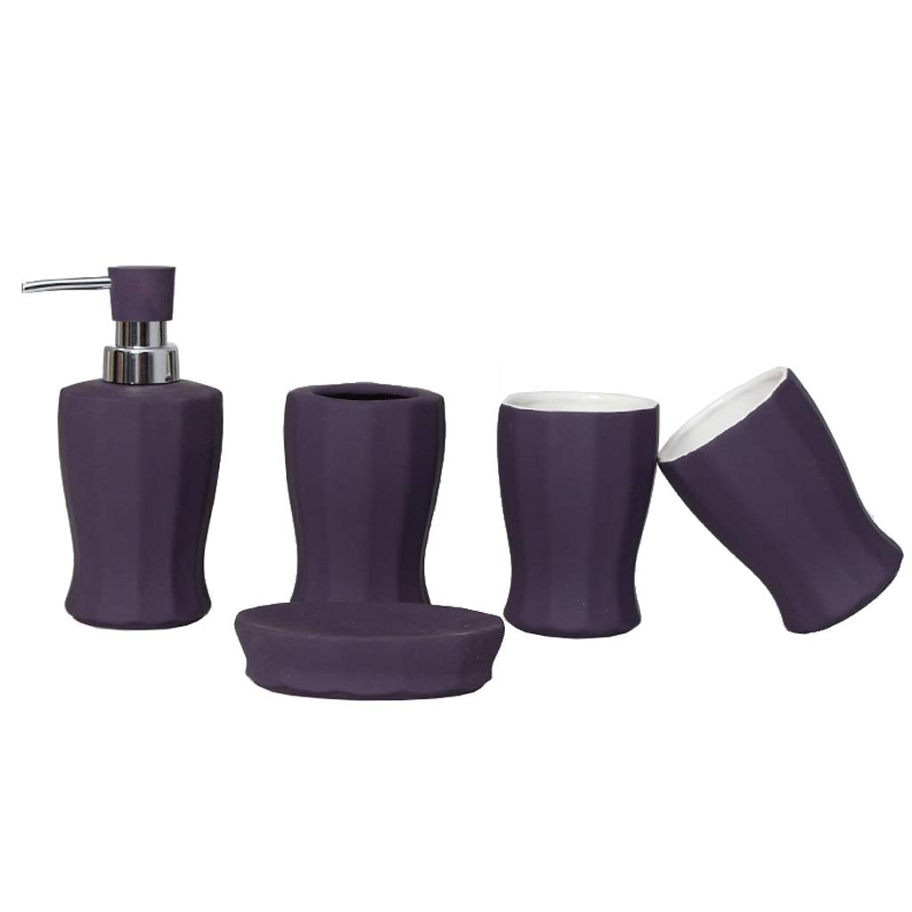 Premium Ceramic Soap Dispenser Set - 5-Piece Bathroom Accessories Kit with Soap/Lotion Dispenser, Toothbrush Holder, Toothpaste Stand & Soap Dish (Purple/Green) for Modern Bathroom Decor & Organization