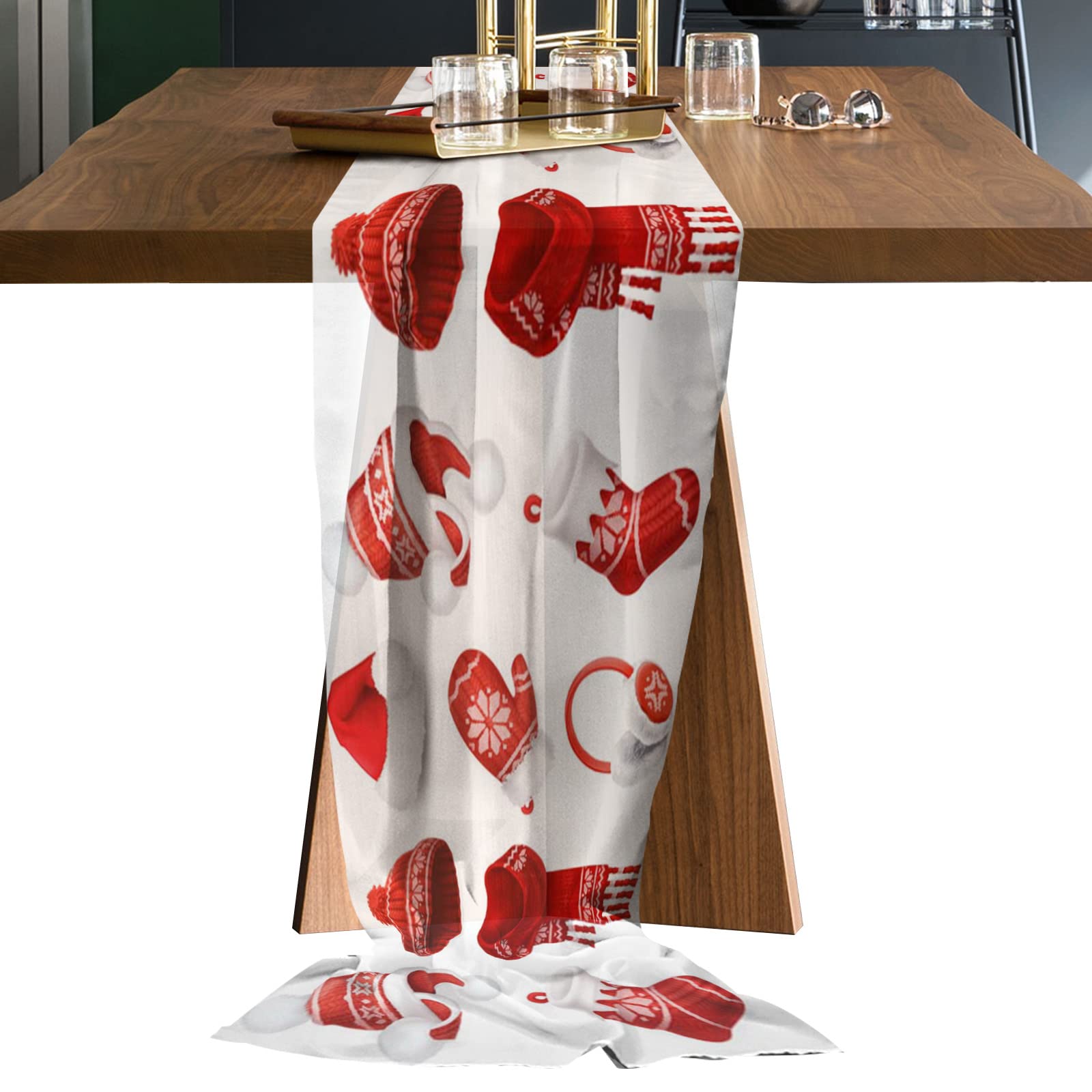 55 Inch Long Sheer Chiffon Table Runner for Wedding, Bridal Shower, Baby Shower & Birthday Party Decor - Elegant Christmas Hat Scarf & Socks Design - Perfect for Indoor & Outdoor Table Decoration, Holiday Celebrations & Special Events