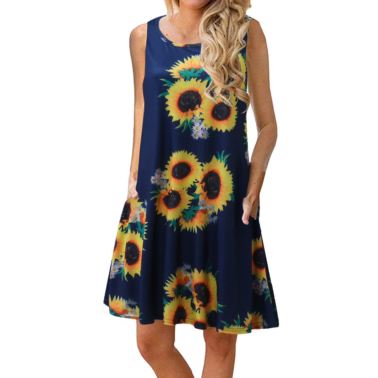 Women's Summer Casual Loose Sleeveless Dress - Pullover Printed Pocket Swing Round Neck Tank Top for Beach, Vacation & Outdoor Activities