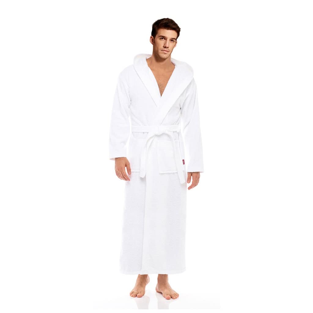 Women's & Men's 100% Cotton Hooded Terry Cloth Bathrobe - Super Long Soft Quick-Dry Shower Robe for Spa, Hotel & Home Use - Plus Size White Bath Robe Nightgown Pajamas for Relaxation & Lounging