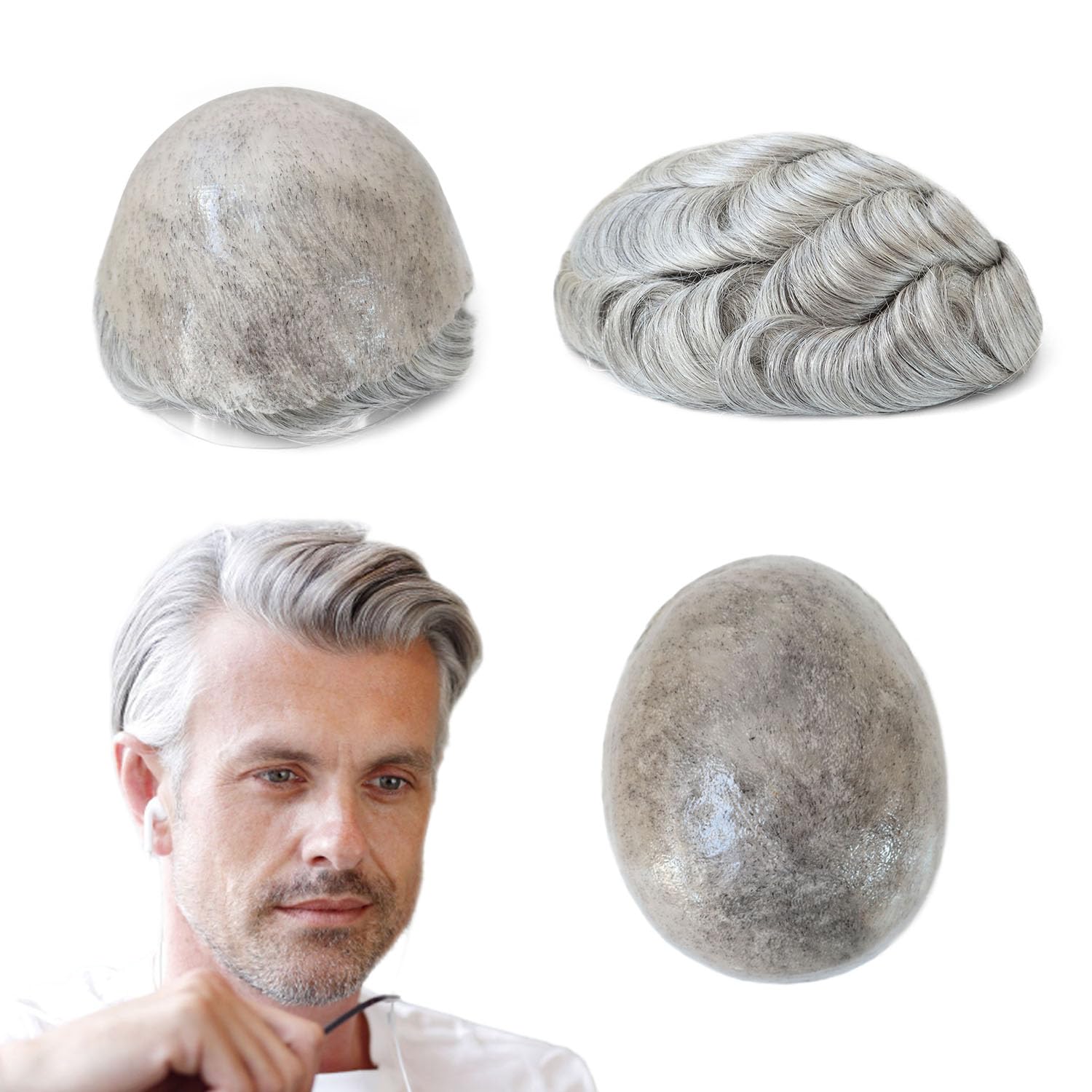 Men's Toupee | Real Human Hair Replacement System | Poly Skin Injected Hairpiece #1B80 | Natural Grey Hair Solution for Thinning Hair & Baldness | Perfect for Daily Wear & Special Occasions