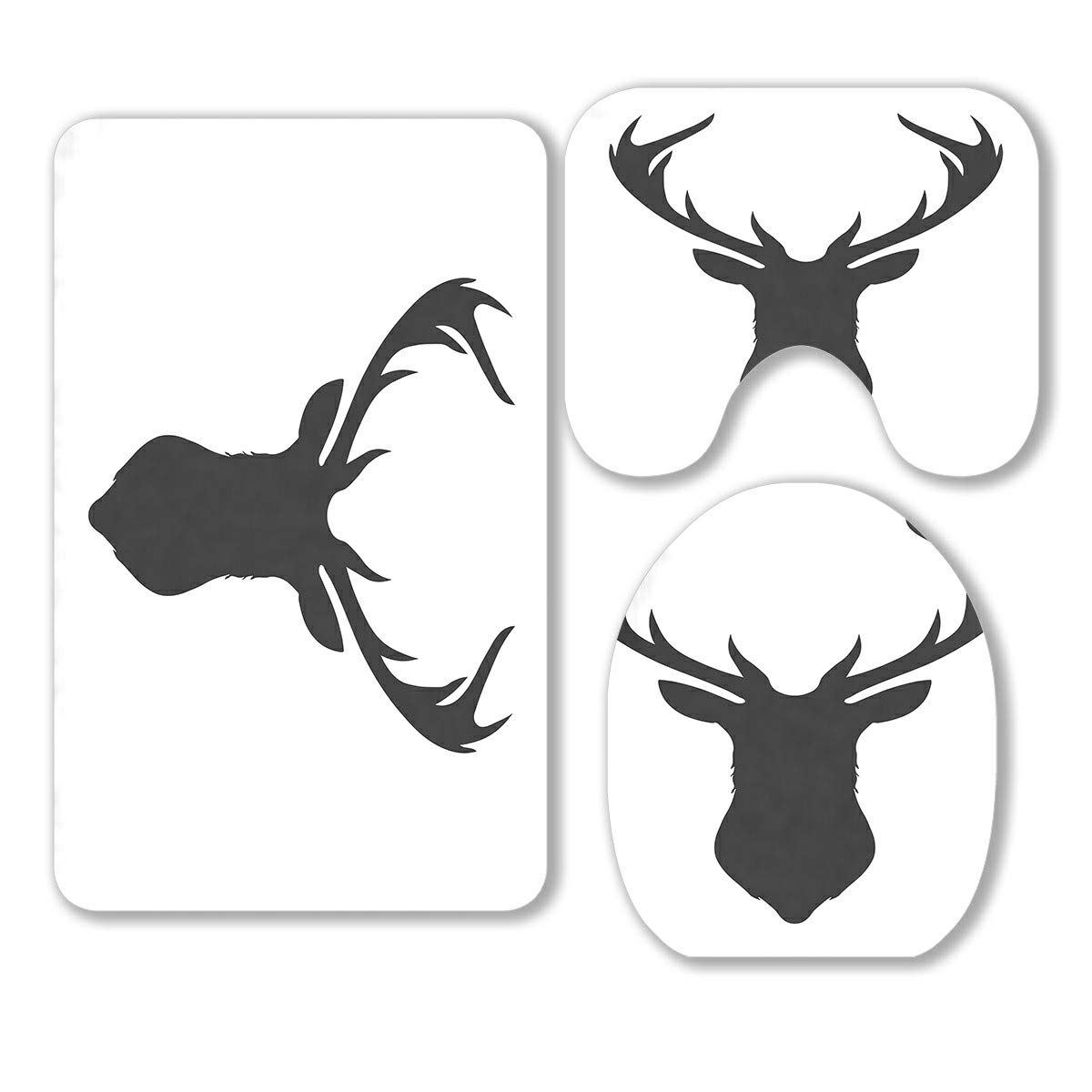Dark Grey Deer Head Silhouette 3-Piece Bathroom Rug Set - Non-Slip Bath Mat, Contour Mat & Toilet Lid Cover for Modern Farmhouse Decor (Perfect for Guest Bathrooms & Hunting Cabin Retreats)